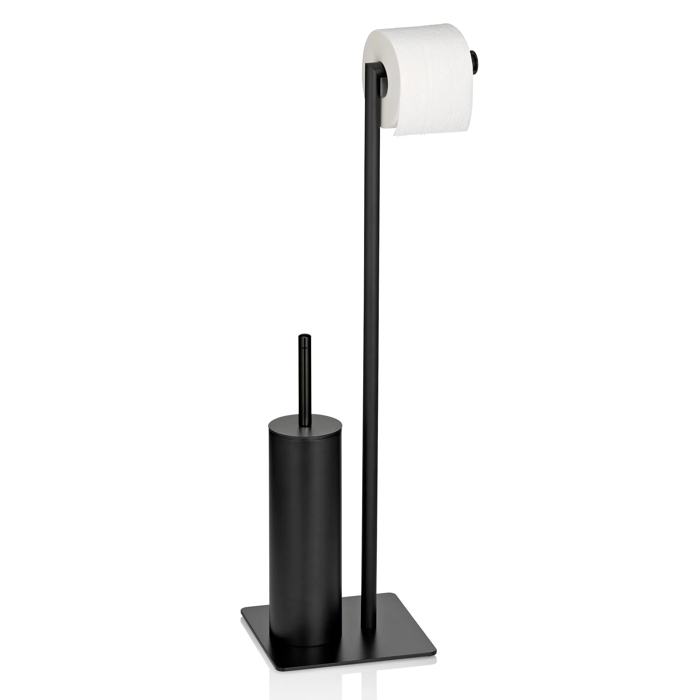 WC-Garnitur Schwarz Stand-Toilettenpapierhalter mit WC-Bürste Schwarzer WC-Garnitur-Ständer mit Toilettenpapierhalter und WC-Bürste auf rechteckiger Basis