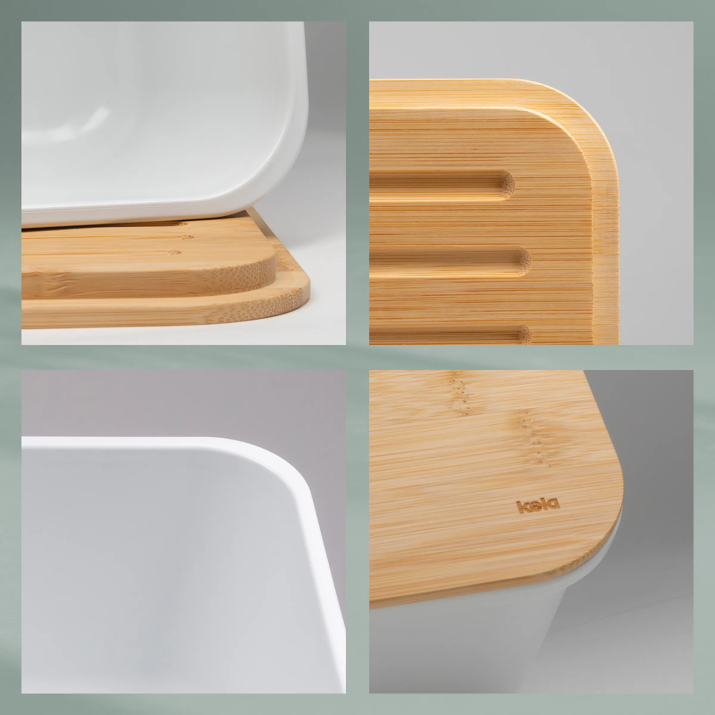 Bambus Schneidebrett mit Keramikschalen Set - Kela Servierbrett Bambus Schneidebrett mit weißen Keramikschalen und Kela Logo, verschiedene Detail-Ansichten