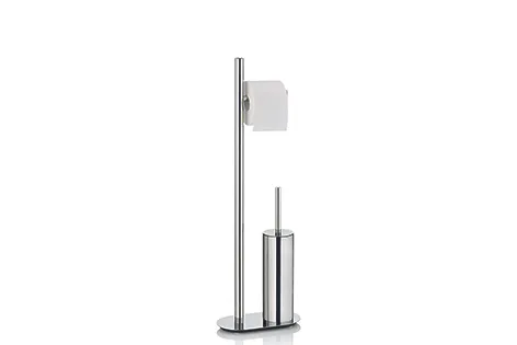 Toilettenbürsten-Ständer mit Bürste und Papierhalter Moderner Toilettenbürsten-Ständer aus Metall mit grauem Sockel, bestehend aus vertikaler Stange, Halter und Toilettenbürste