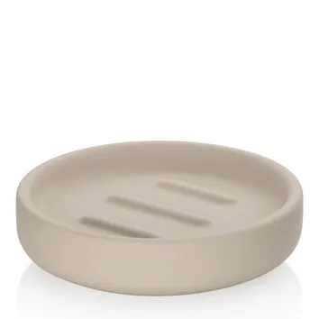 Beige Keramik-Seifenschale mit gerippter Oberfläche auf weißem Hintergrund