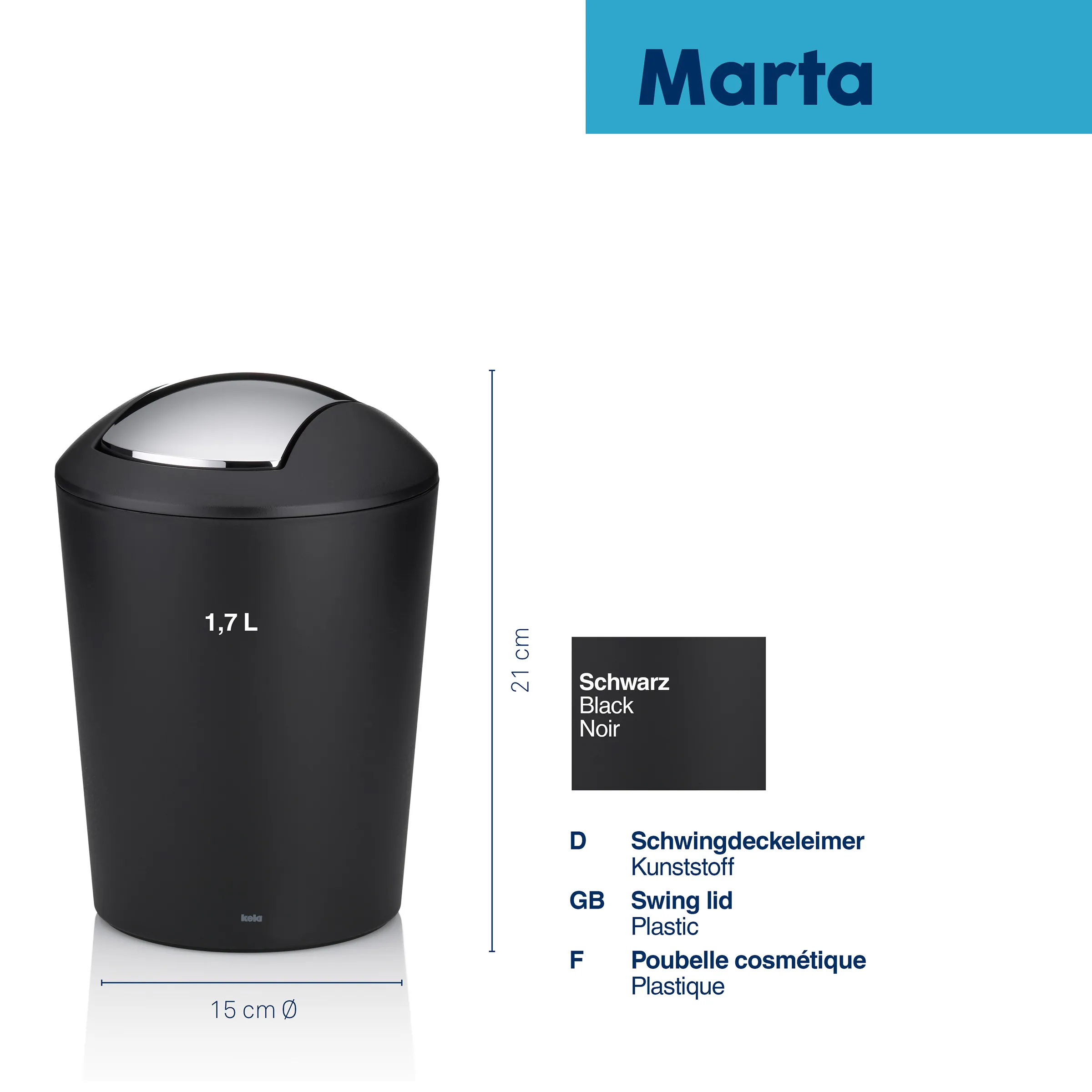 Marta Schwingdeckeleimer Schwarz 1,7L - Kunststoff Abfalleimer mit Schwingdeckel Schwarzer Marta Schwingdeckeleimer aus Kunststoff, 1,7 Liter, 21 cm hoch, 15 cm Durchmesser