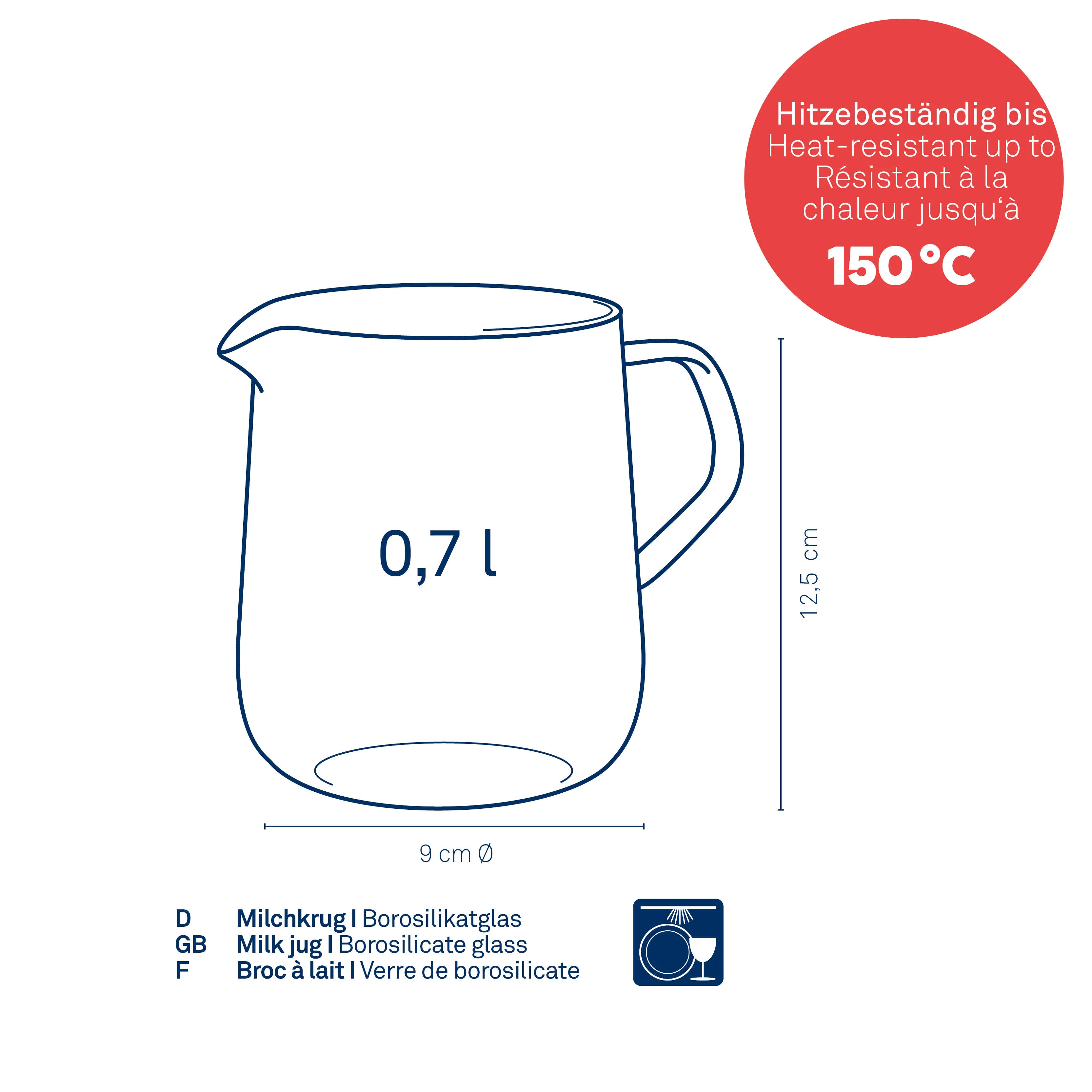 Milchkrug Borosilikatglas 0,7l hitzebeständig 150°C Milchkrug aus Borosilikatglas, 0,7 l Fassungsvermögen, 12,5 cm hoch, 9 cm Durchmesser, hitzebeständig bis 150°C