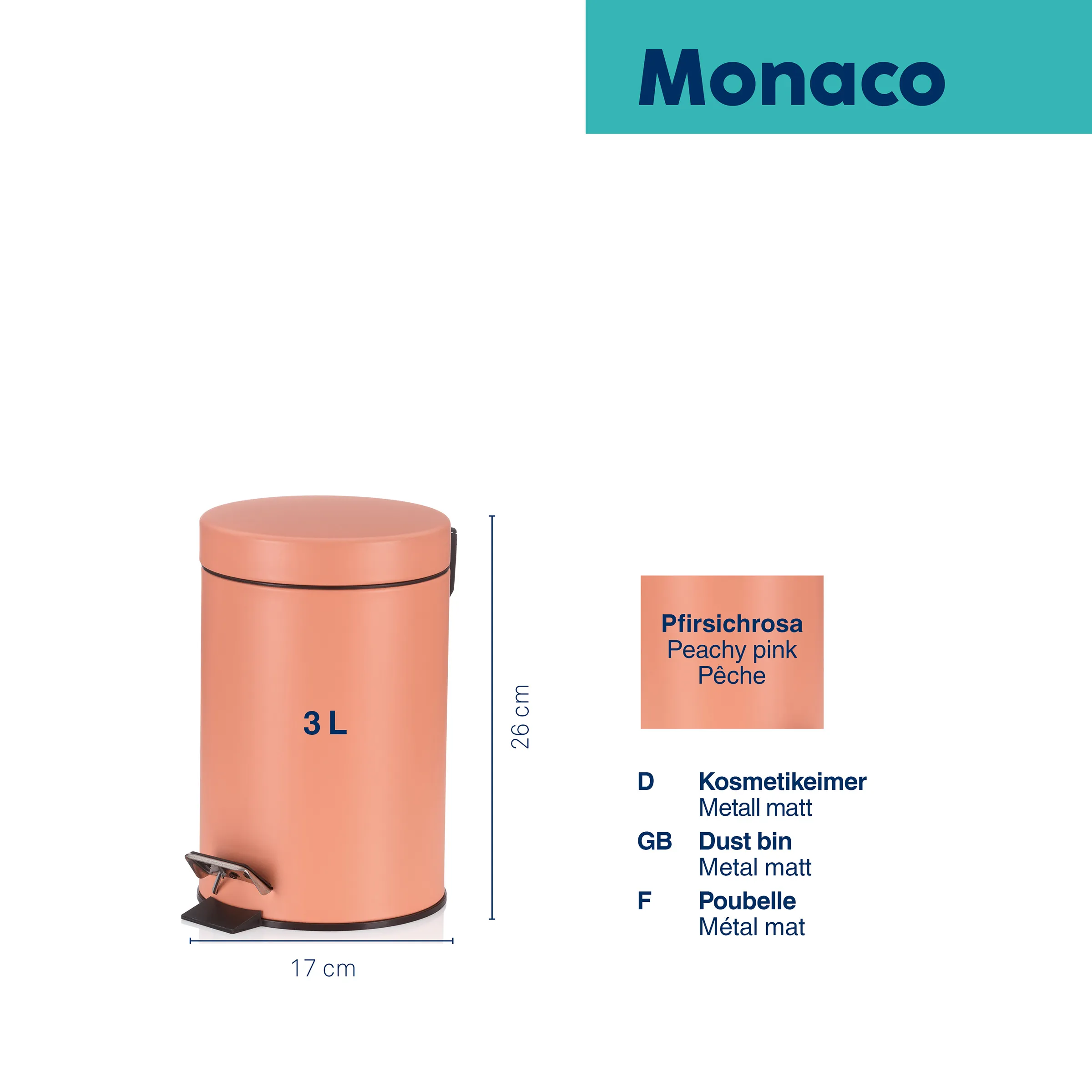Monaco 3L Treteimer Pfirsicha - Kosmetikeimer Metall Peach-farbener 3L Treteimer Monaco mit 17 cm Durchmesser und 26 cm Höhe, Kosmetikeimer aus Metall matt