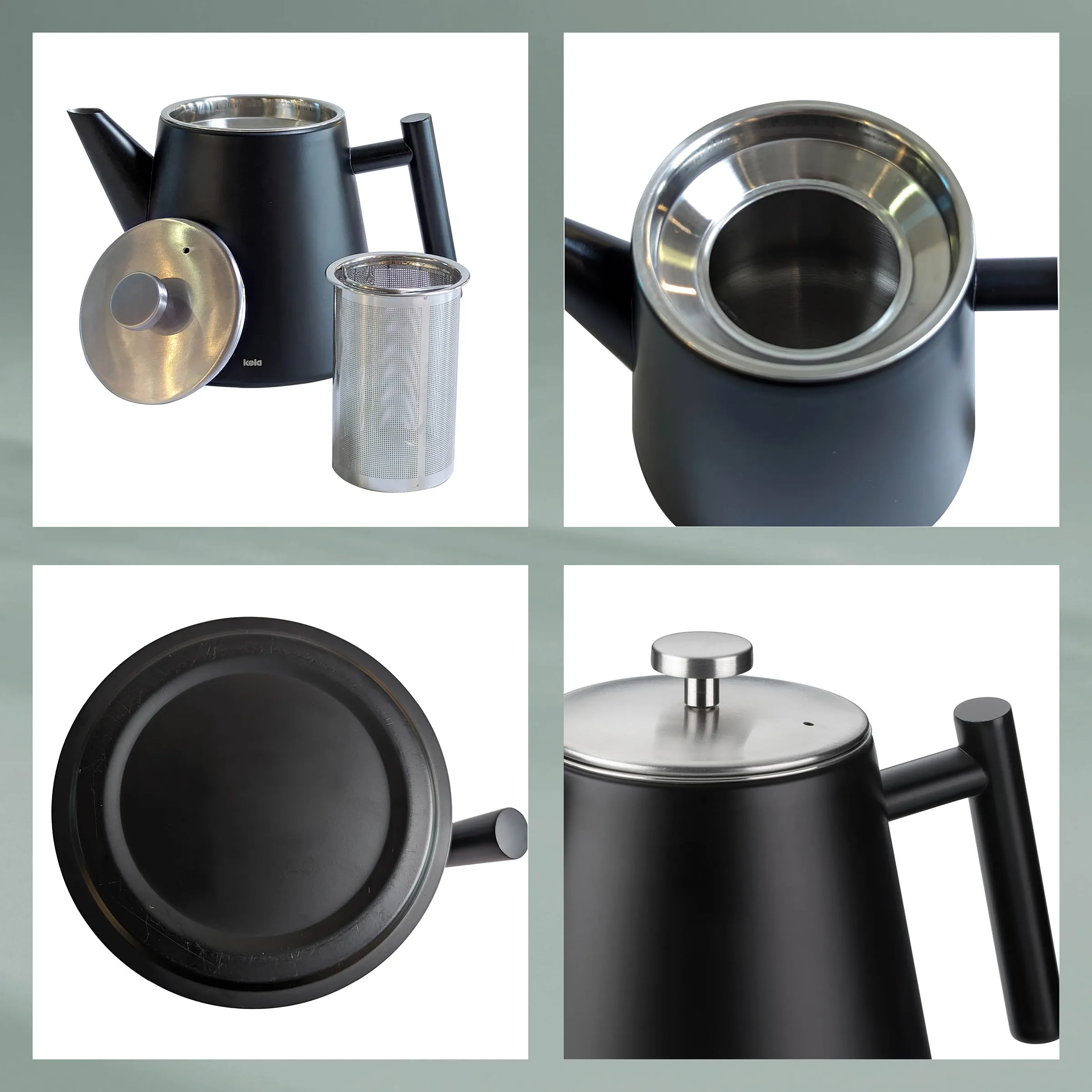 Moderne Teekanne Edelstahl Sieb Schwarze Teekanne mit Edelstahldeckel, Griff und Sieb in verschiedenen Ansichten