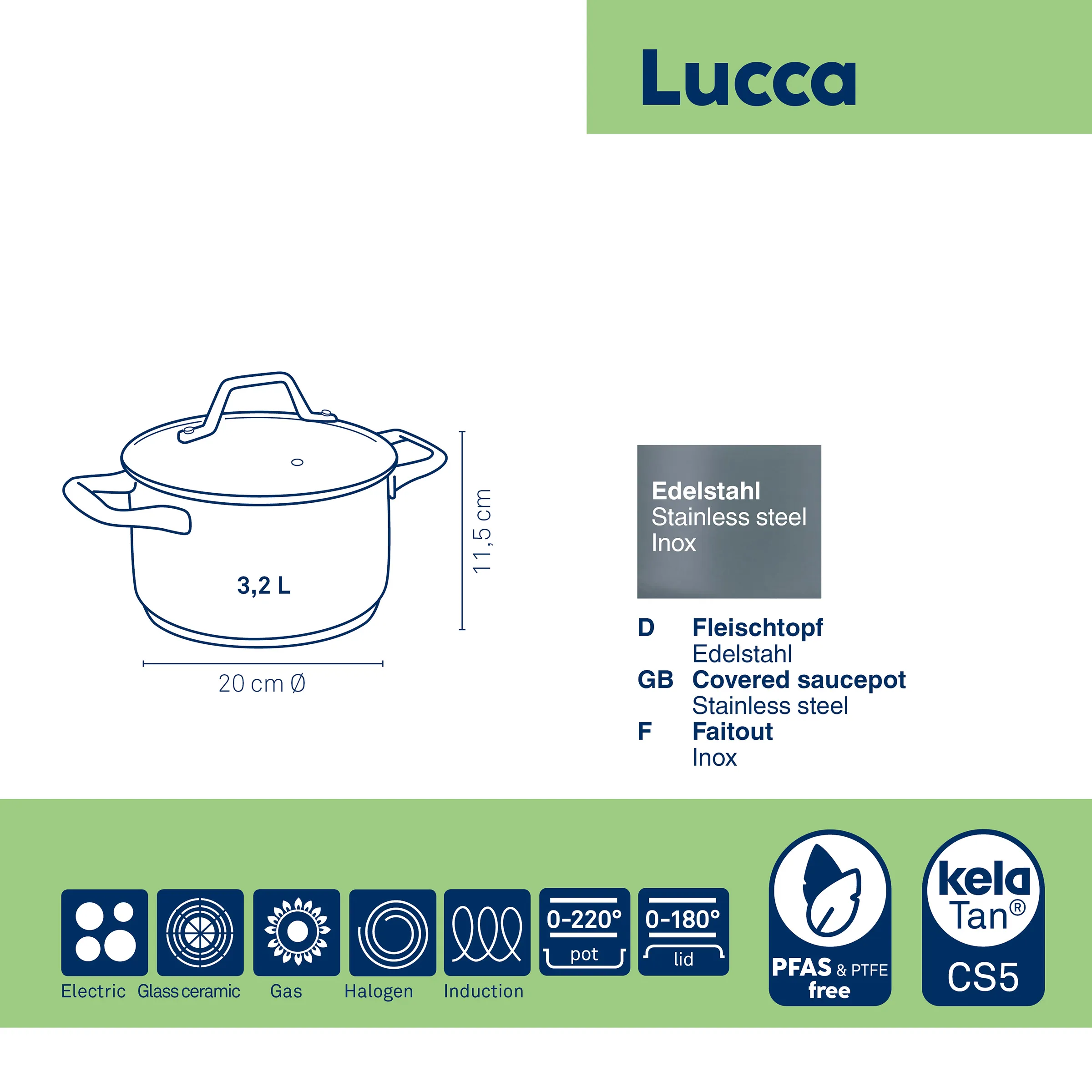 Lucca Edelstahl-Fleischtopf 3,2L mit Deckel - Induktion geeignet Lucca Edelstahl-Fleischtopf 3,2L mit Glasdeckel, 20cm Durchmesser, für alle Herdarten inkl. Induktion