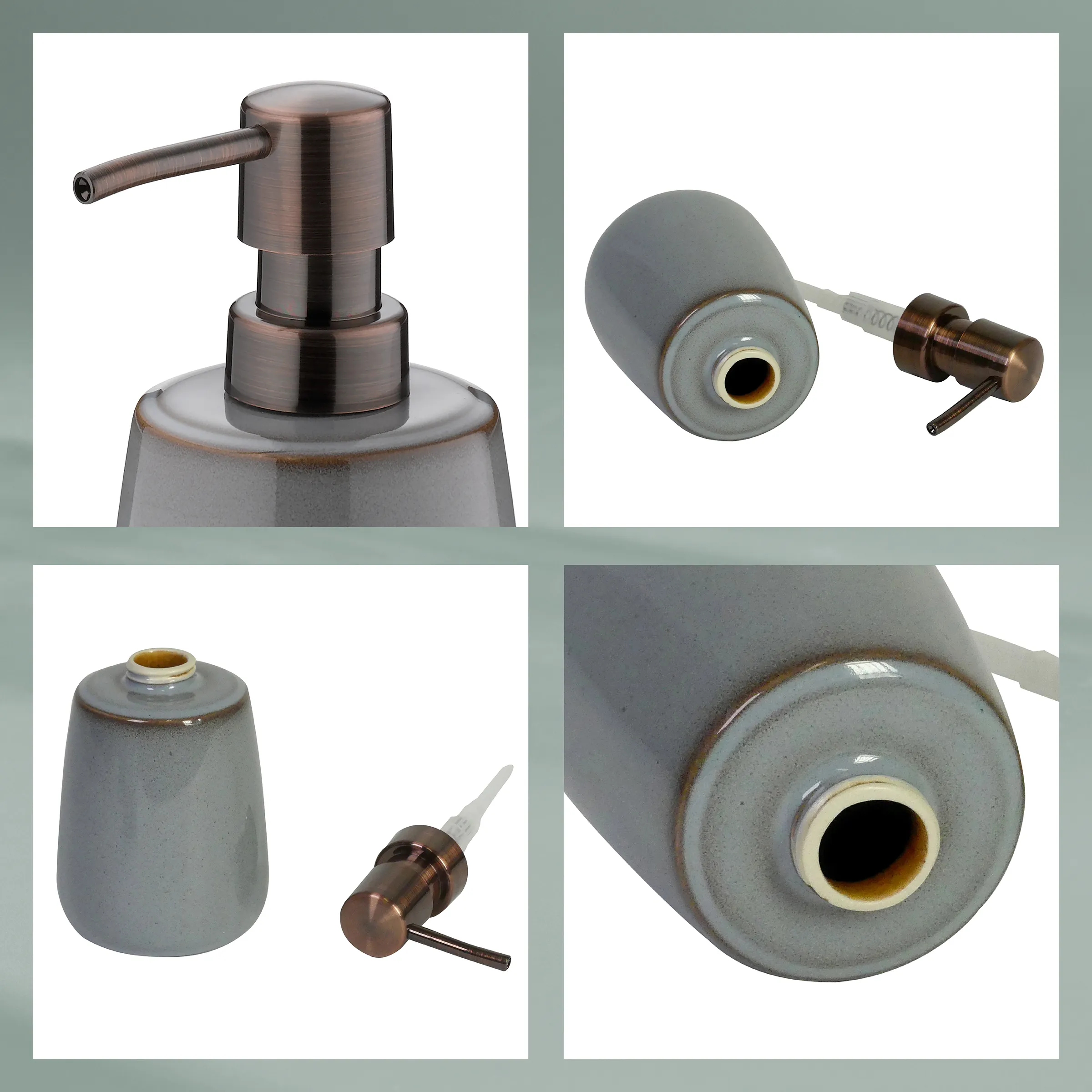 Seifenspender aus Keramik mit Bronze-Pumpenkopf, verschiedene Ansichten des Behälters und der Pumpe