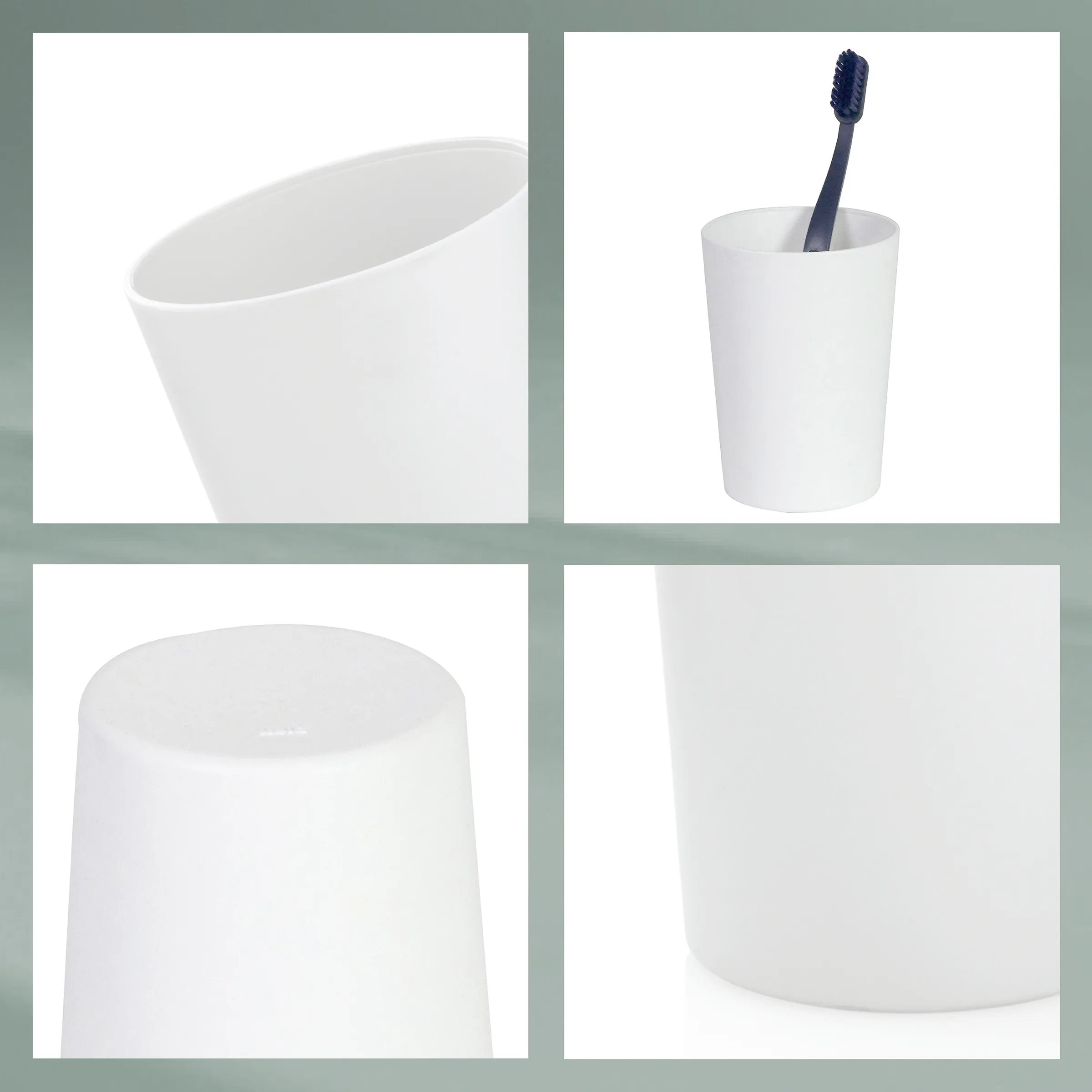 Weißes Badezimmer-Accessoire-Set mit Zahnputzbecher und Zahnbürste in minimalistischem Design