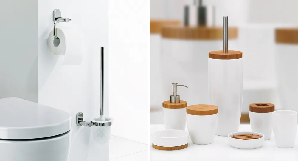Badezimmer Accessoires Set Keramik Bambus Badezimmer-Set mit weißen Behältern aus Keramik mit Bambusgriffen und Deckeln, Seifenspender und Toilettenbürste