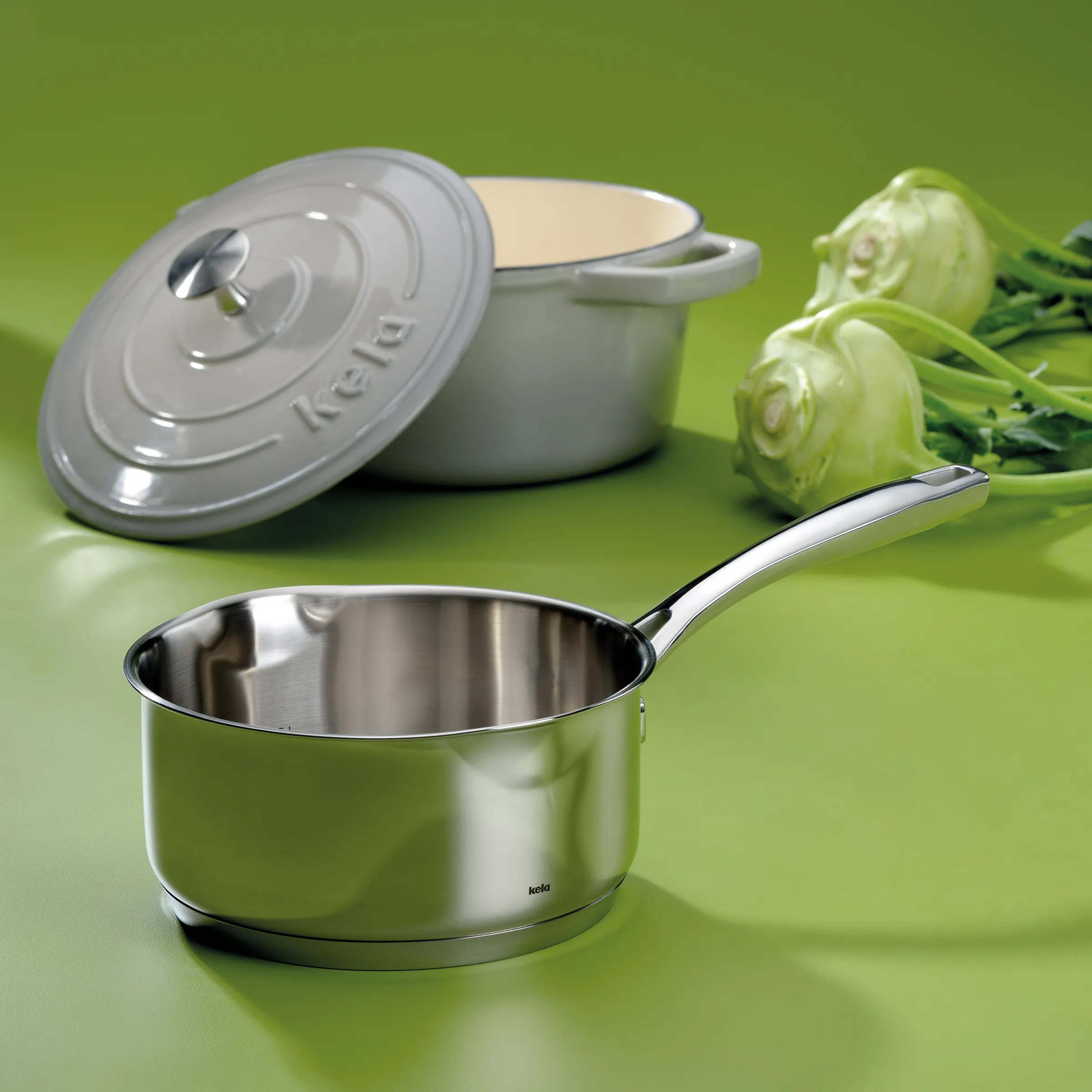 Hochwertige Kochtöpfe aus Edelstahl und Gusseisen für die Küche Edelstahl-Stieltopf und grauer Gusseisentopf mit Kohlrabi auf grünem Hintergrund