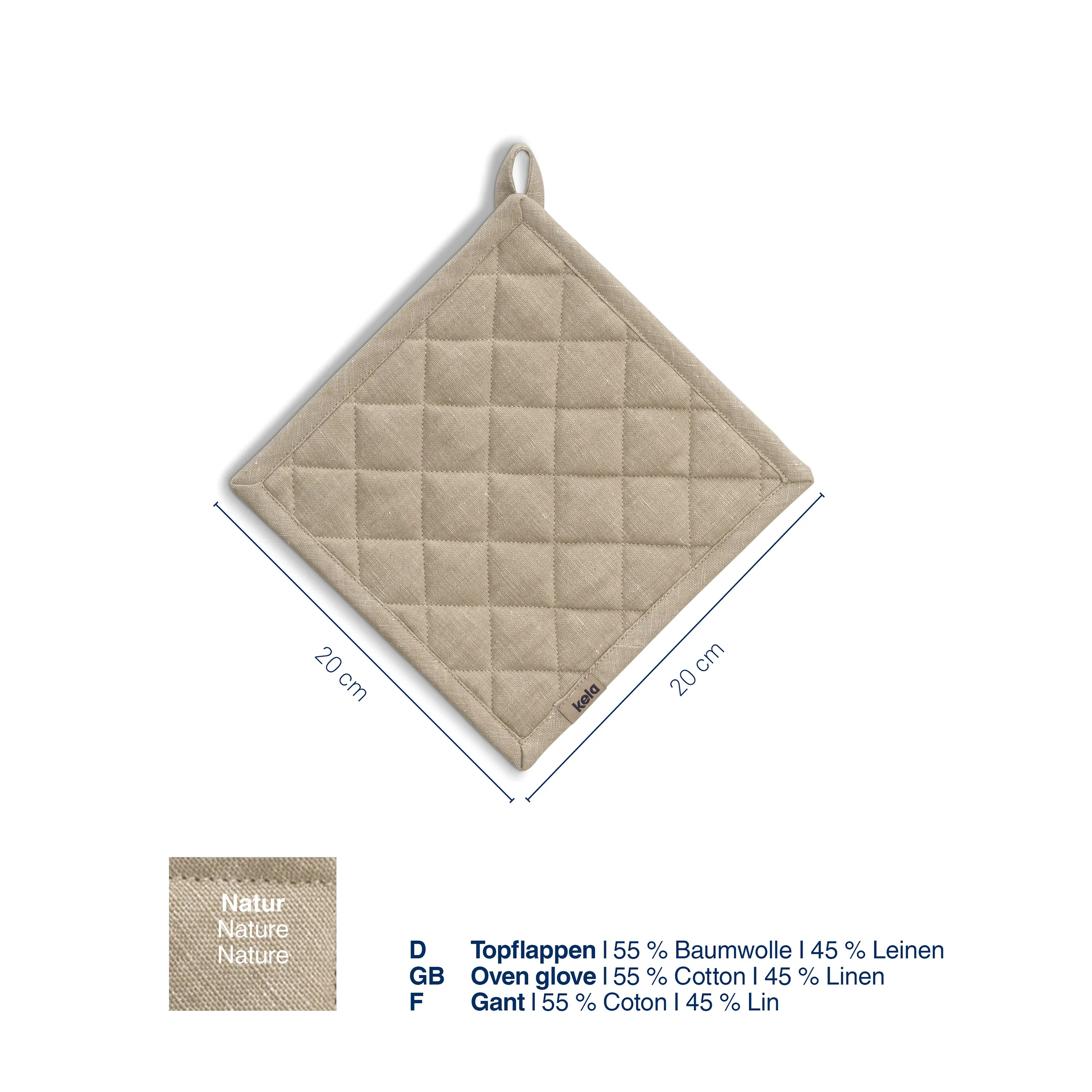 Topflappen Natur 20x20 cm - Baumwolle Leinen Steppmuster Beige Topflappen mit Steppmuster, 20x20 cm, aus 55% Baumwolle und 45% Leinen mit Aufhängeschlaufe