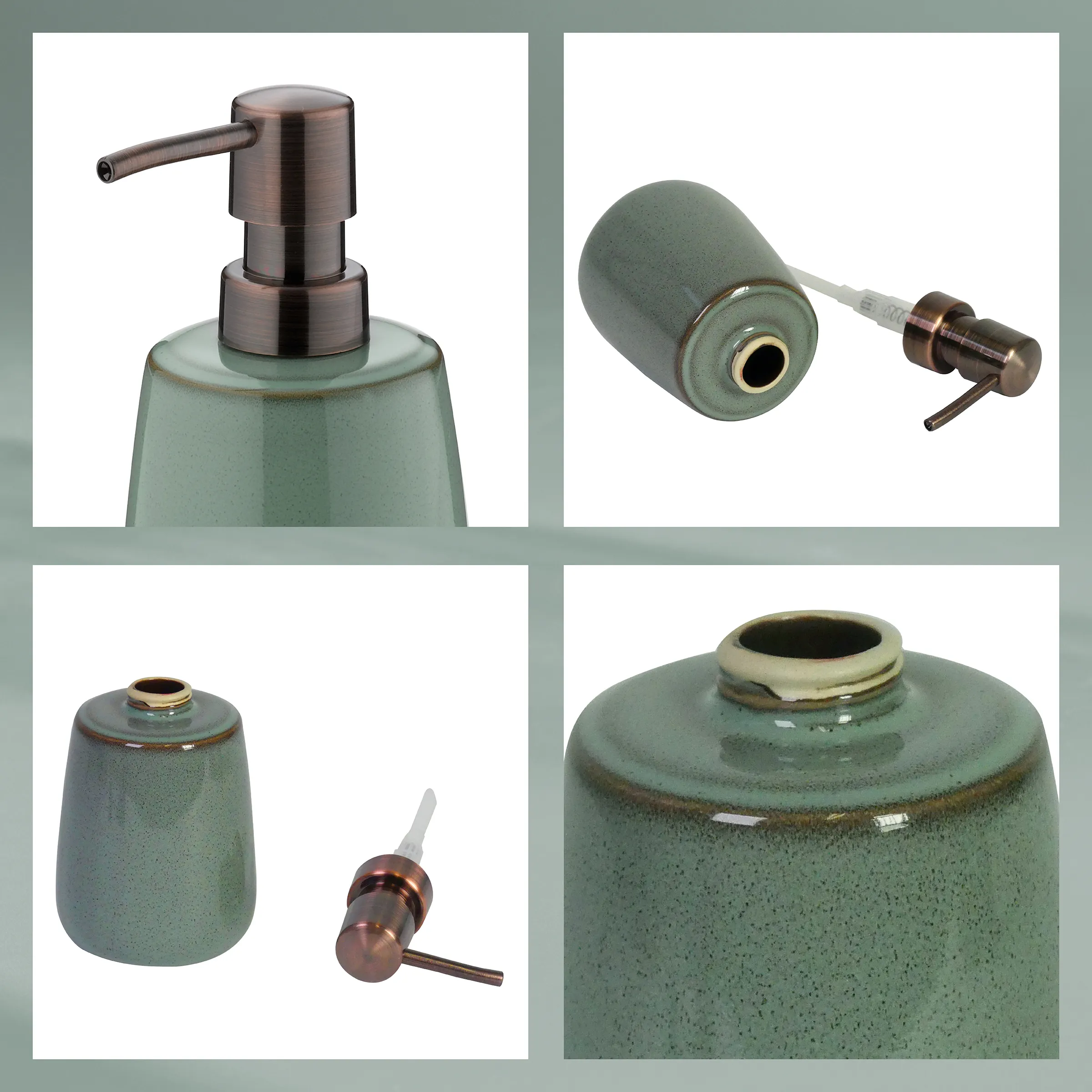 Keramik Seifenspender Set grün mit Pumpe Grüne Keramik Seifenspender Set mit bronzefarbener Pumpe, Zahnbürstelländer und Zubehör in vier Detailansichten