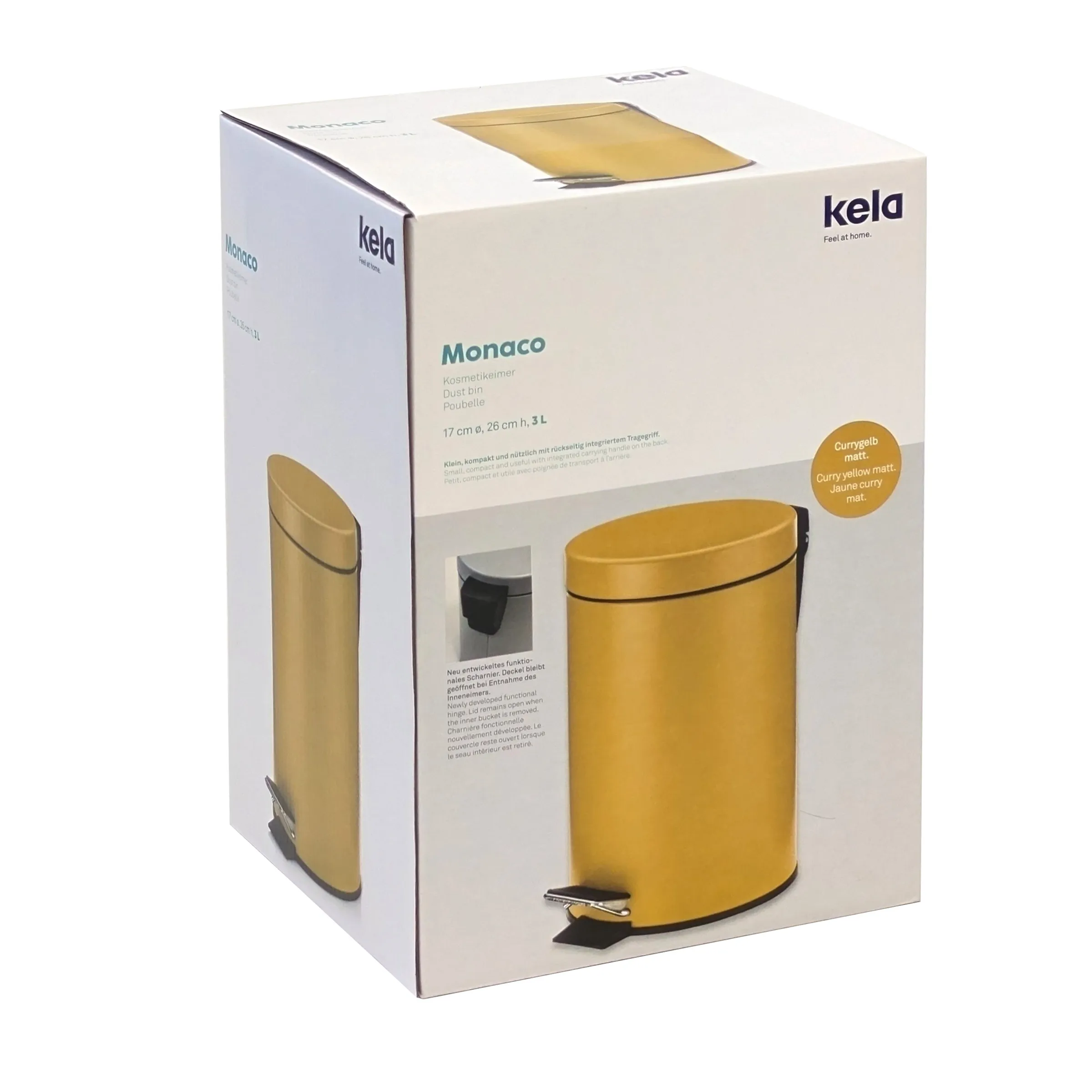 Kela Monaco Kosmetikeimer 3L Curry-Gelb matt - Treteimer Badezimmer Kela Monaco Kosmetikeimer 3L in Curry-Gelb matt mit Treteimer-Funktion in Verpackung