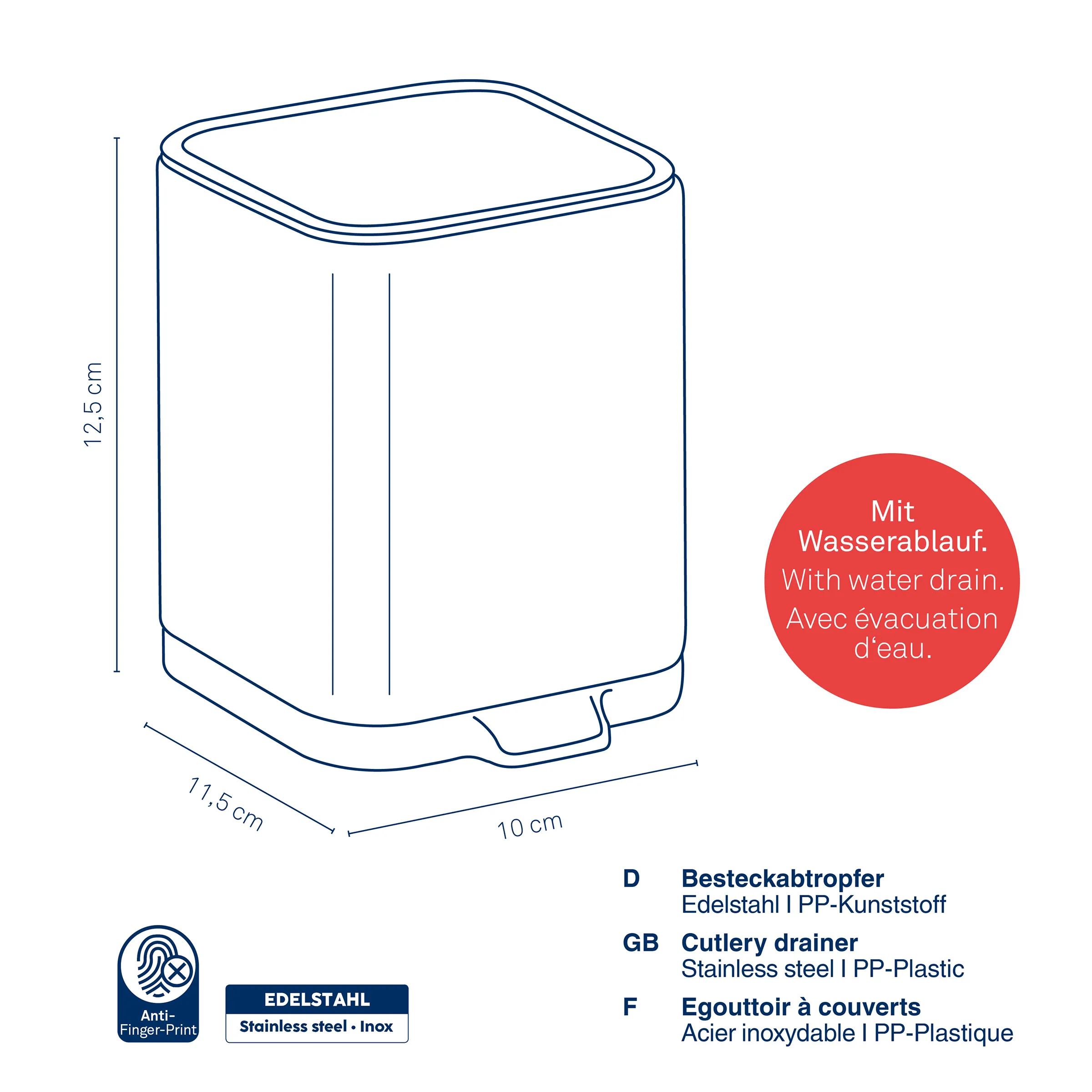 Bestekabtropfer Edelstahl mit Wasserablauf – Anti-Fingerabdruck PP-Kunststoff Bestekabtropfer aus Edelstahl mit Wasserablauf, 12,5 × 11,5 × 10 cm, für Besteck mit Anti-Fingerabdruck