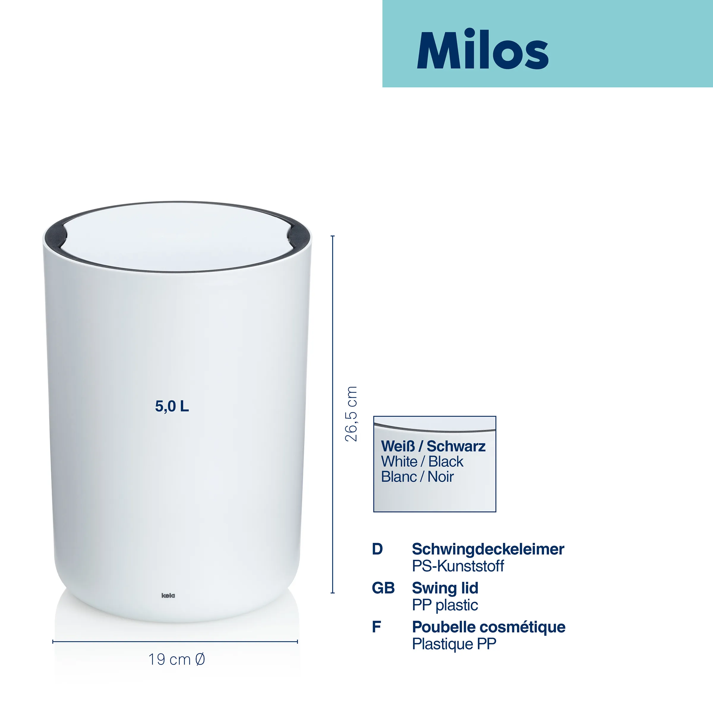 Milos Mülleimer Weiß 5L mit Schwingdeckel – Badezimmer Abfalleimer Weißer Milos Mülleimer mit Schwingdeckel, 5 Liter Fassungsvermögen, 26,5 cm hoch, 19 cm Durchmesser