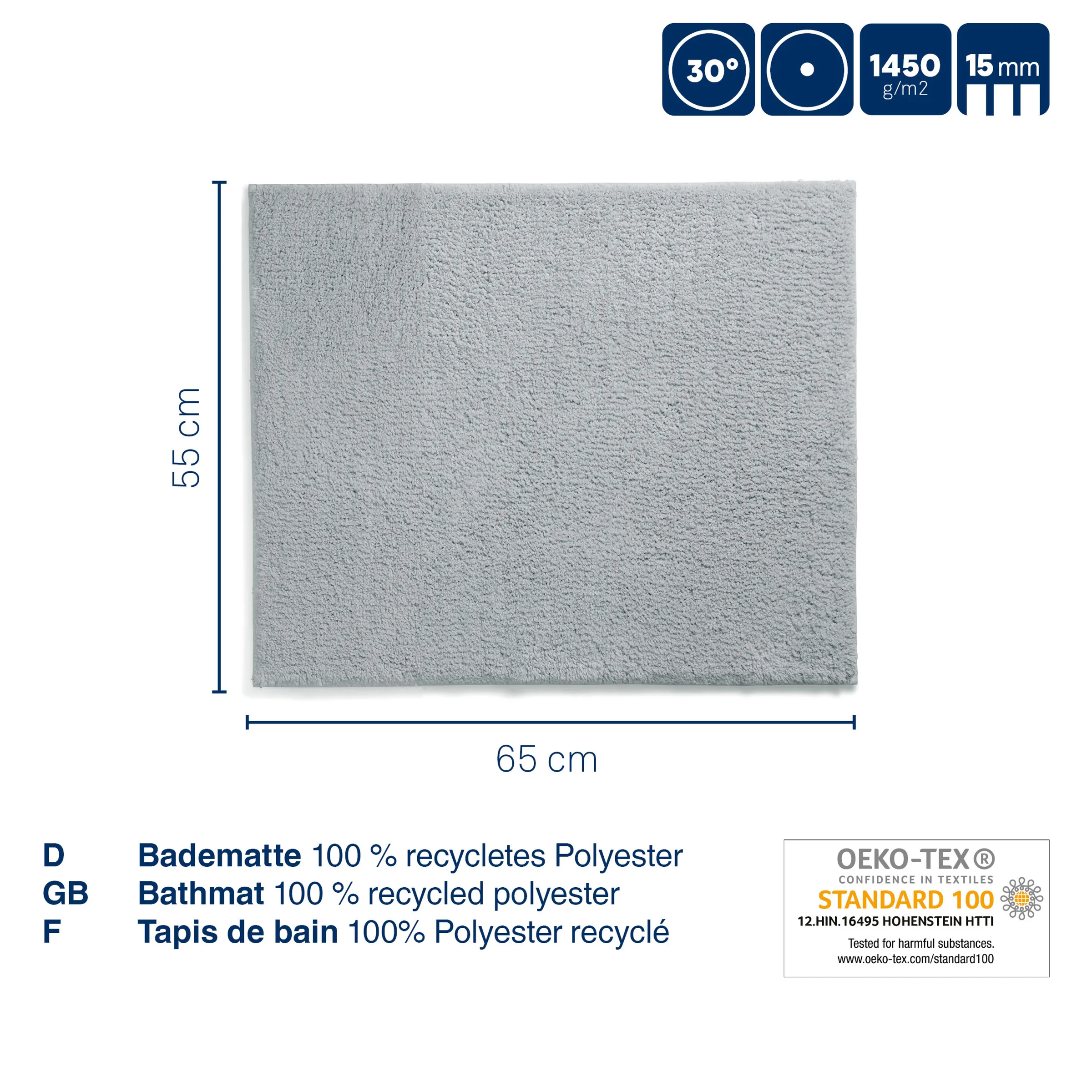 Badematte 100% recyceltes Polyester 65x55 cm grau OEKO-TEX Graue Badematte aus recyceltem Polyester, 65x55 cm, 1450 g/m², 15mm Florhöhe, waschbar bei 30°, OEKO-TEX zertifiziert