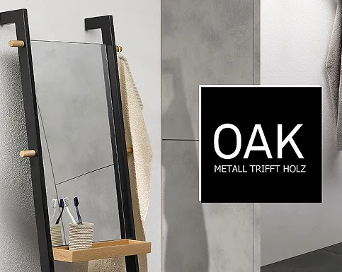 OAK Metal Wood Standing Mirror with Shelf Black metal frame standing mirror with wooden shelf next to gray wall and towels