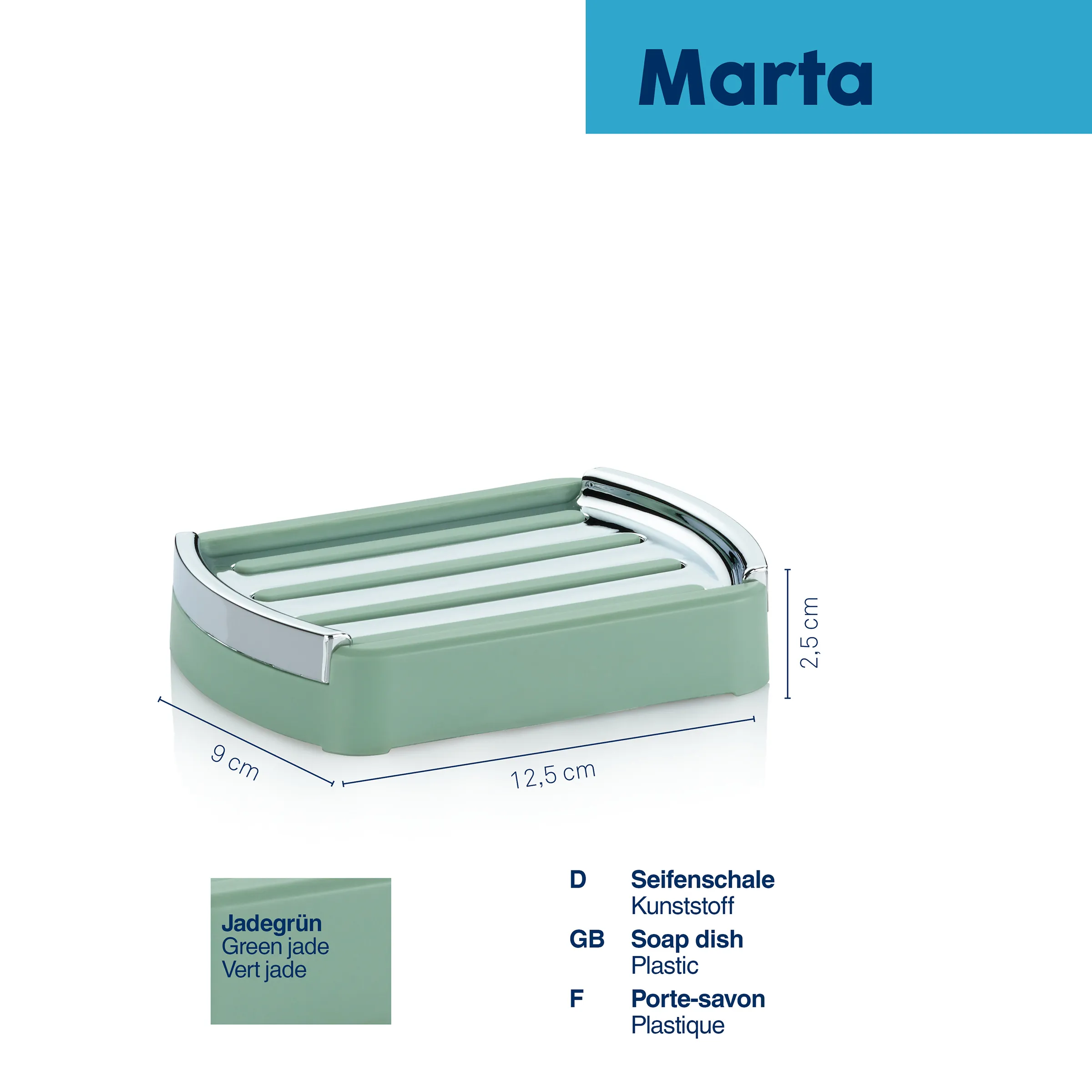 Seifenschale Kunststoff grün - Marta Design Jade-grüne Seifenschale aus Kunststoff Marta mit Maßen 12,5 x 9 x 2,5 cm und Drainagerippen