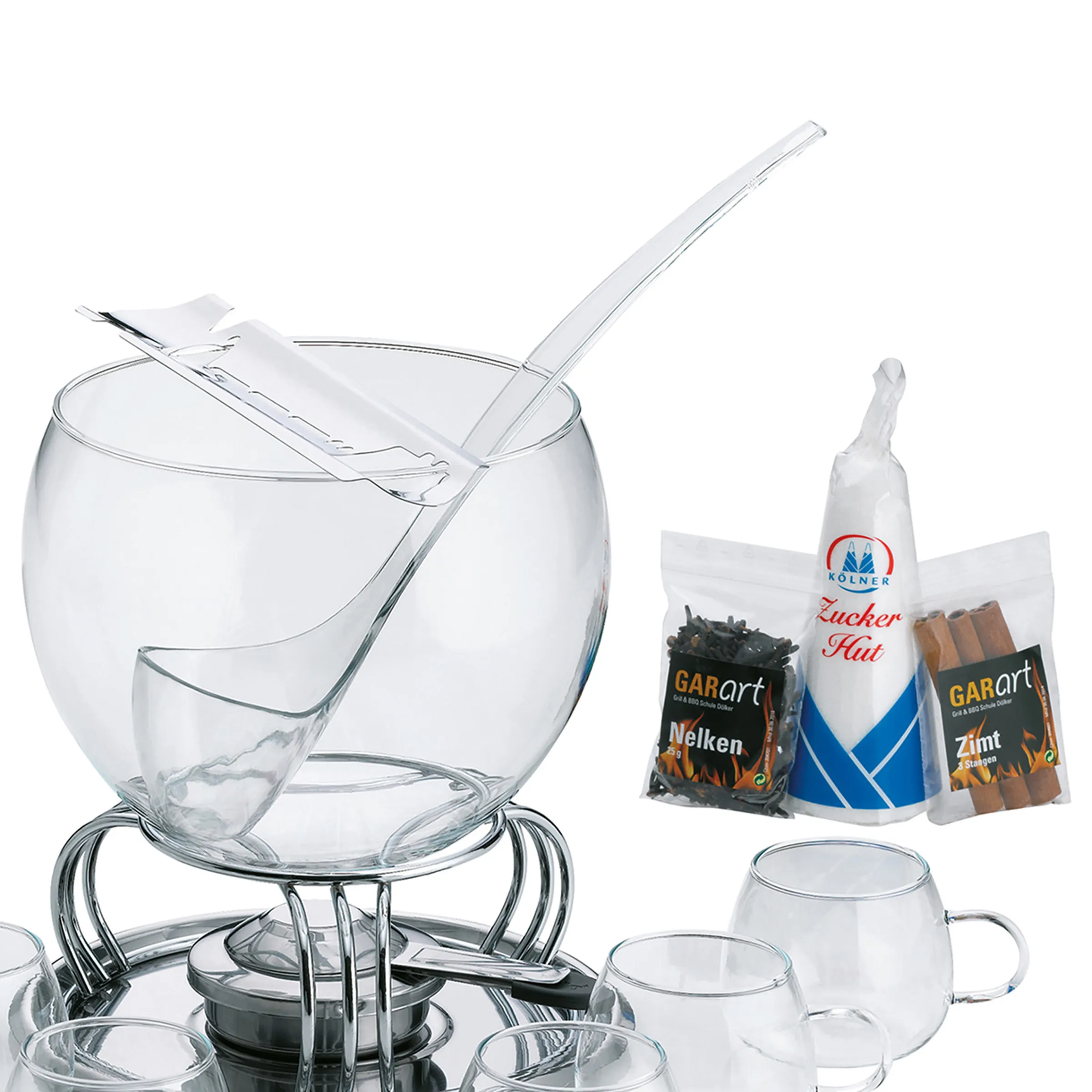 Glühwein-Set mit Servierglas und Zubehör Glühwein-Set mit großem Servierglas auf Ständer, Gläsern und Zutaten wie Zucker und Gewürzen