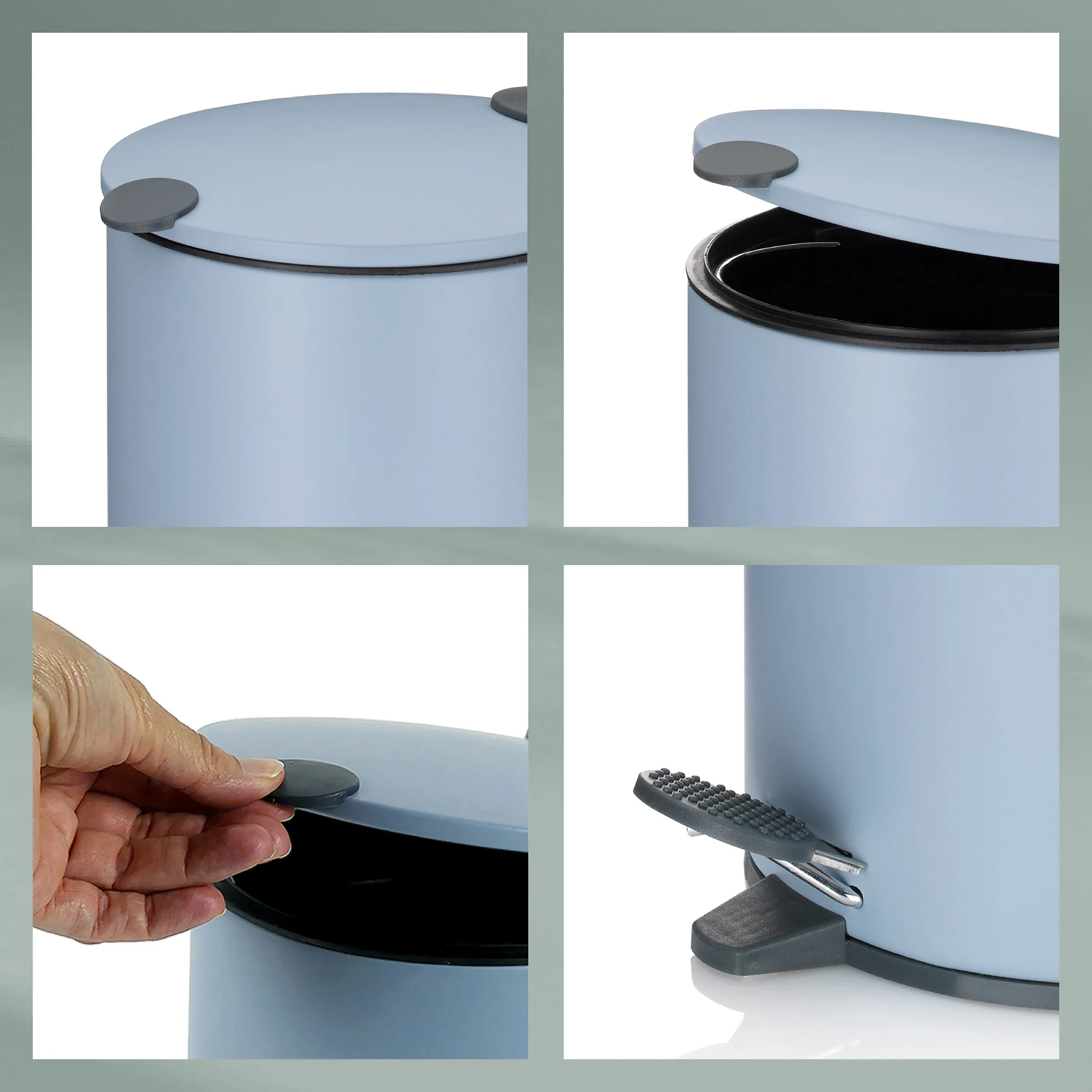 Mülleimer mit Deckelöffner und herausnehmbarem Inneneimer - Abfalleimer Design Hellblauer Mülleimer mit Deckelöffnungsmechanismus und schwarzem Inneneimer in vier Detailansichten