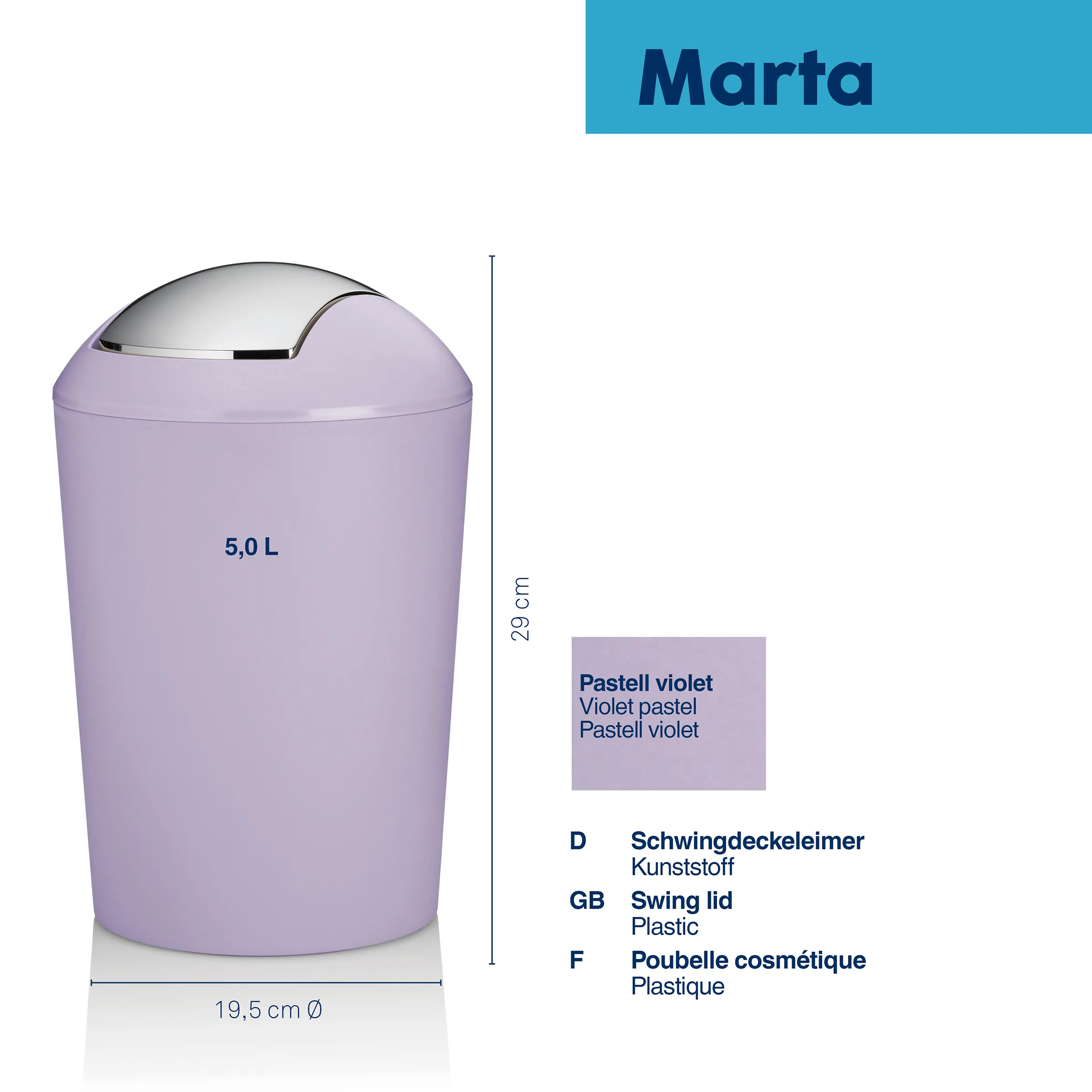 Pastellvioletter Marta Kosmetikeimer mit Schwingdeckel, 5,0 L Fassungsvermögen, 29 cm Höhe und 19,5 cm Durchmesser