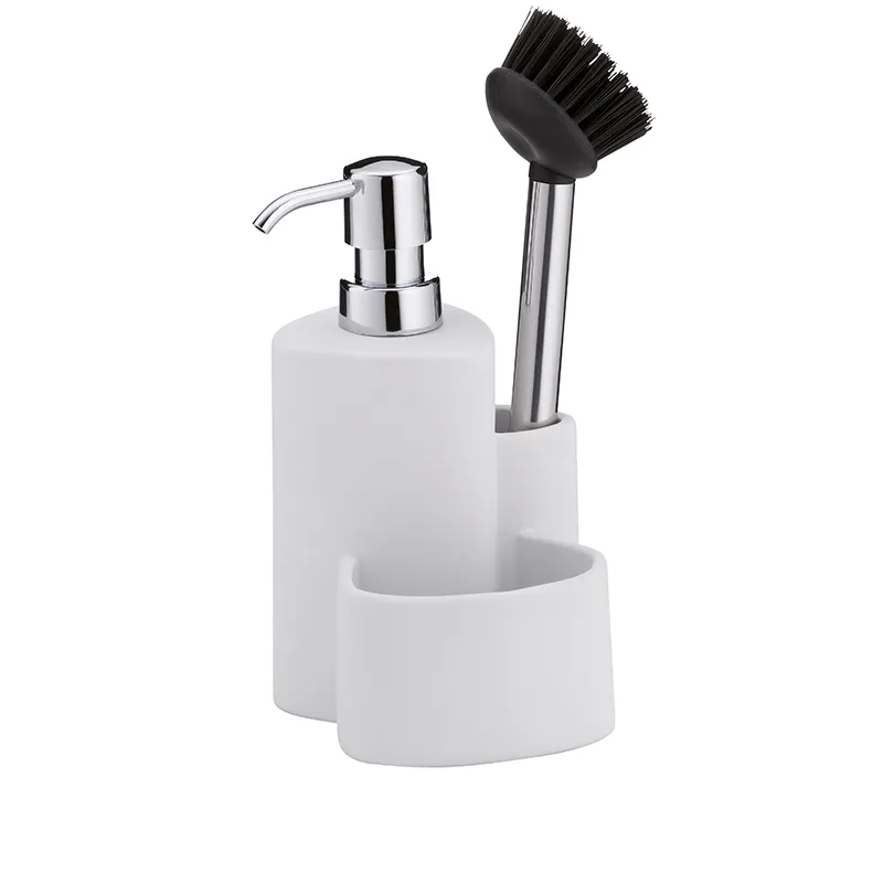 Spülset Seifenspender Bürste weiß Badezimmer Weiße Spülset mit Seifenspender und Bürste mit schwarzem Kopf und Metallgriff, elegantes Badezimmeraccessoire