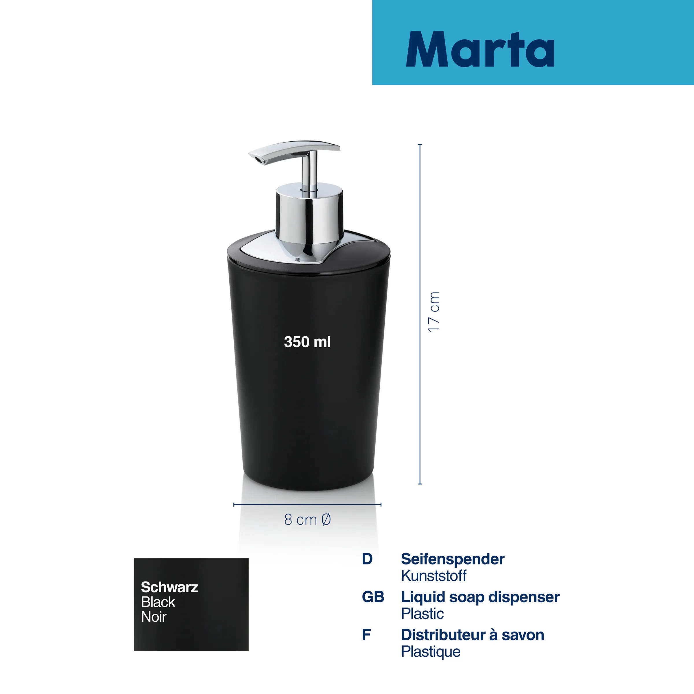 Marta Seifenspender schwarz 350ml - Kunststoff Seifenspender mit Pumpe Schwarzer Seifenspender Marta aus Kunststoff, 350 ml, 17 cm hoch, mit Chromspender, 8 cm Durchmesser