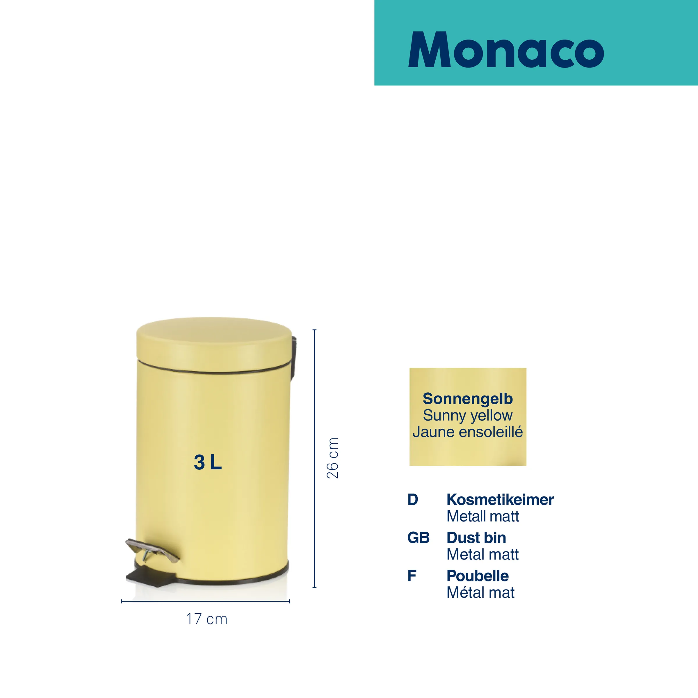 Monaco Kosmetikeimer 3L Sonnengelb - Metall matt Treteimer Badezimmer Monaco Kosmetikeimer 3L in Sonnengelb, Metall matt, 26 cm hoch, 17 cm breit, mit Fußpedal
