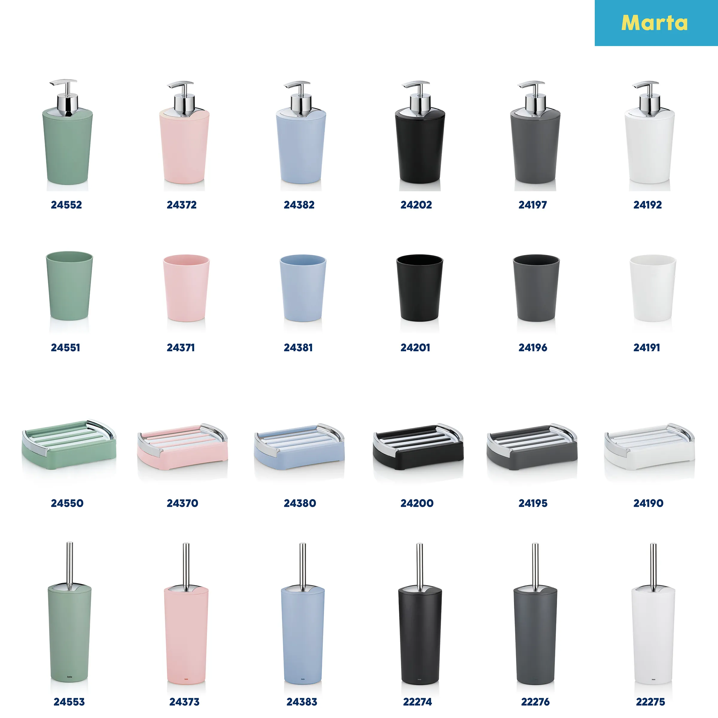 Marta Badezimmer-Accessoires Set in sechs Farben: Grün, Rosa, Blau, Schwarz, Grau und Weiß mit Seifenspendern, Behältern und Bürsten.