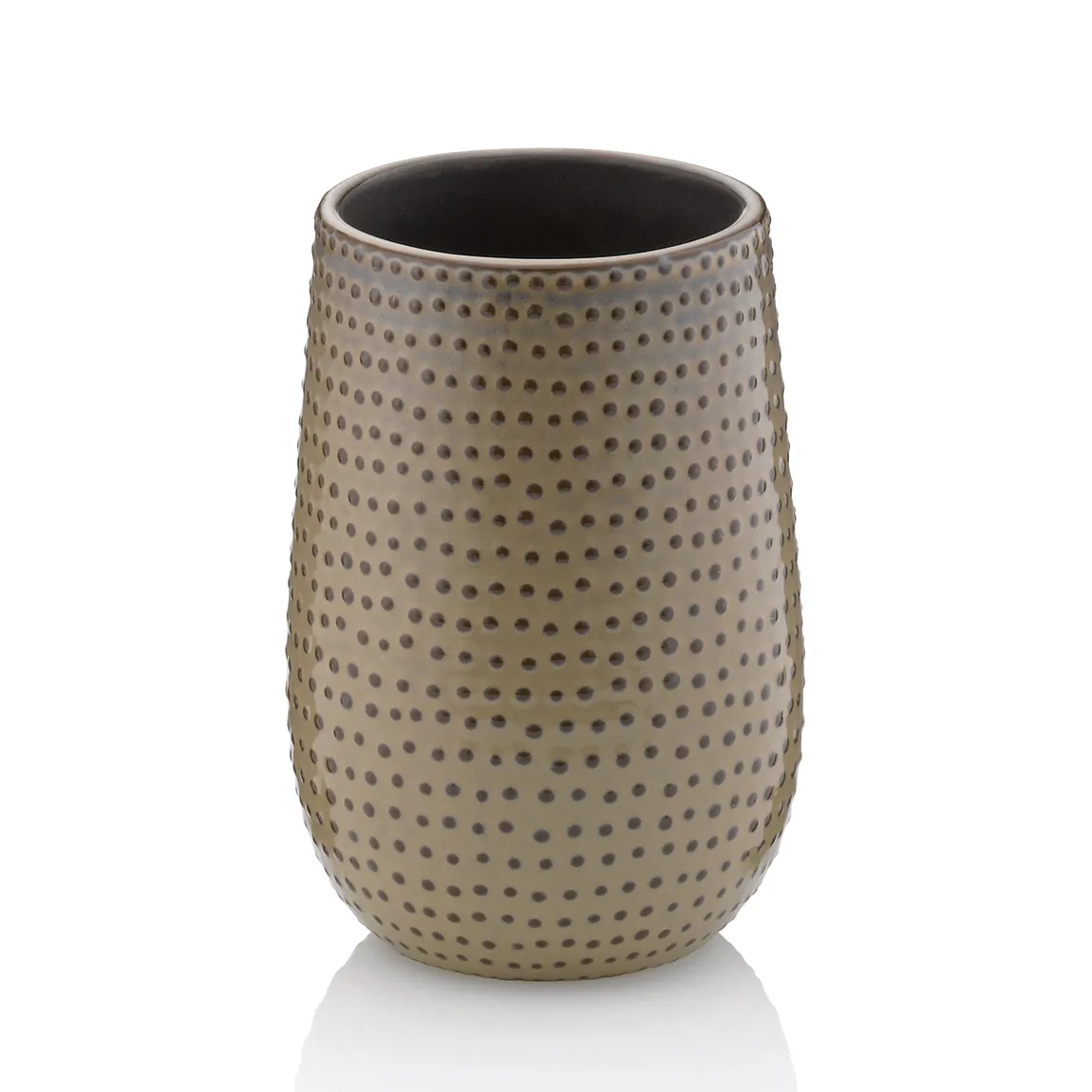 Keramischer Übertopf in Beige mit durchgehend gepunkteter Textur und schwarzem Innenglasur, moderne zylindrische Form
