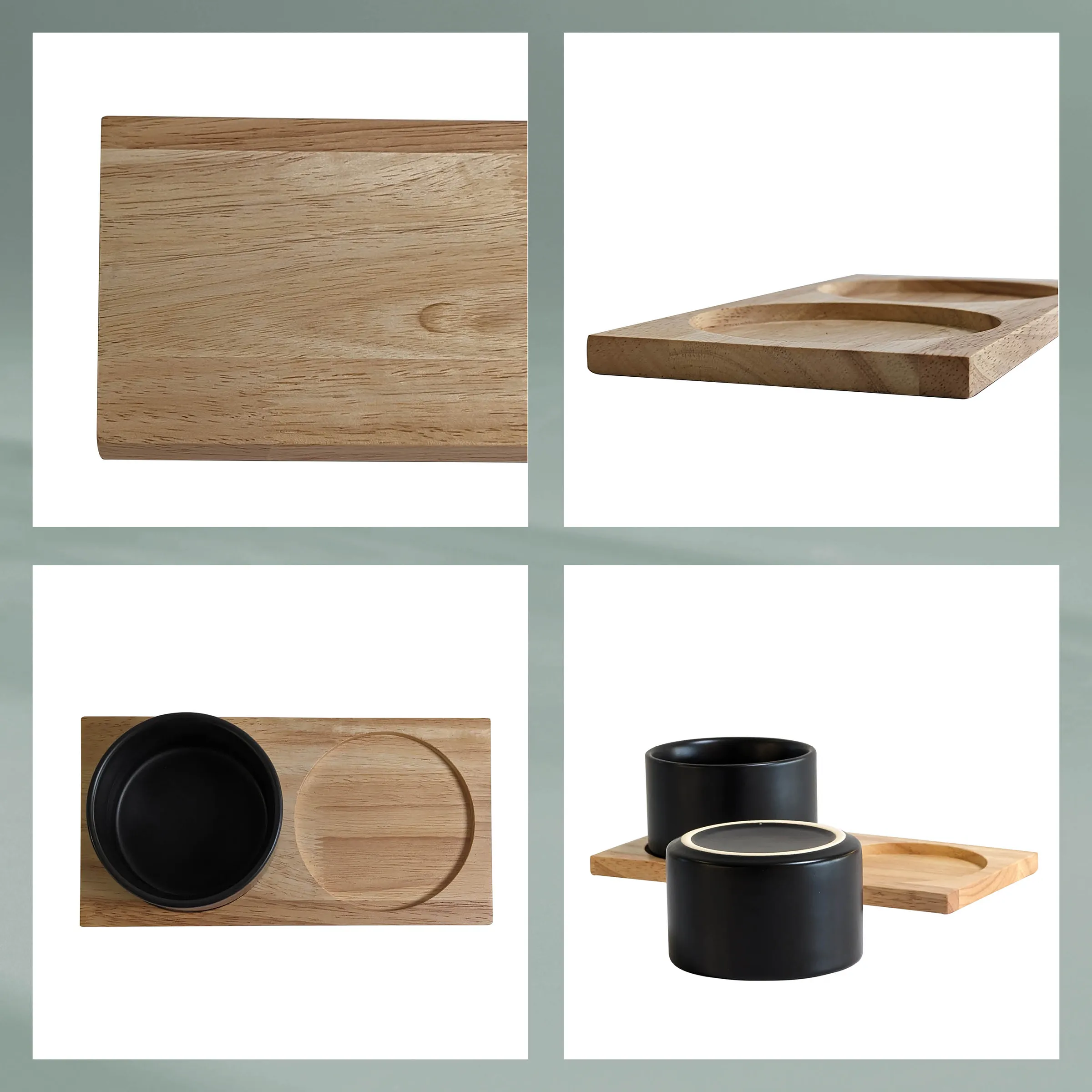 Holzbretter und Keramikschüsseln Set - Küchenzubehör Vier Holzbretter und schwarze Keramikschüsseln mit Griffen auf weißem Hintergrund.