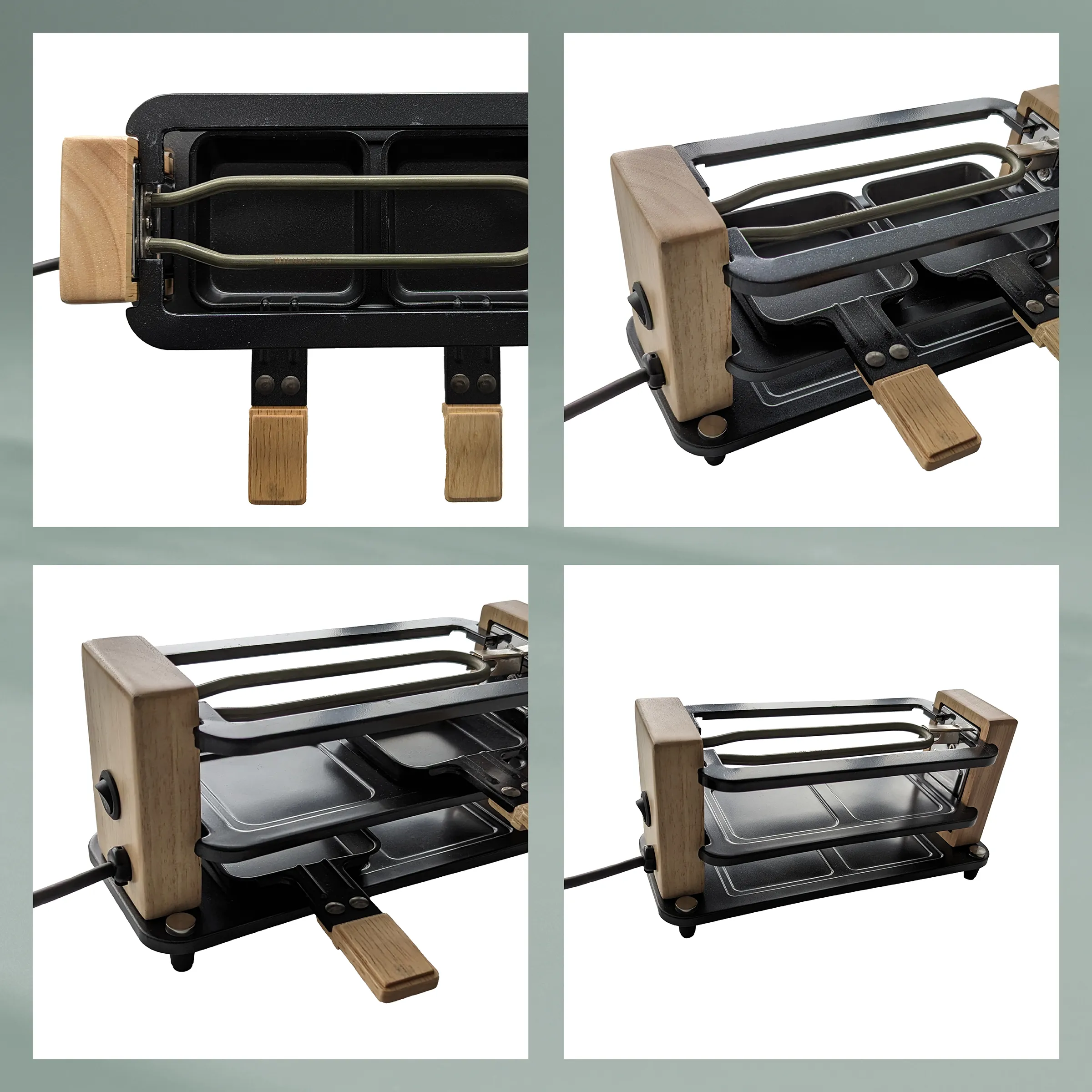 Raclette-Grill mit Holzrahmen und Metallbrat­fläche in vier verschiedenen Ansichten von vorne, oben und seitlich dargestellt