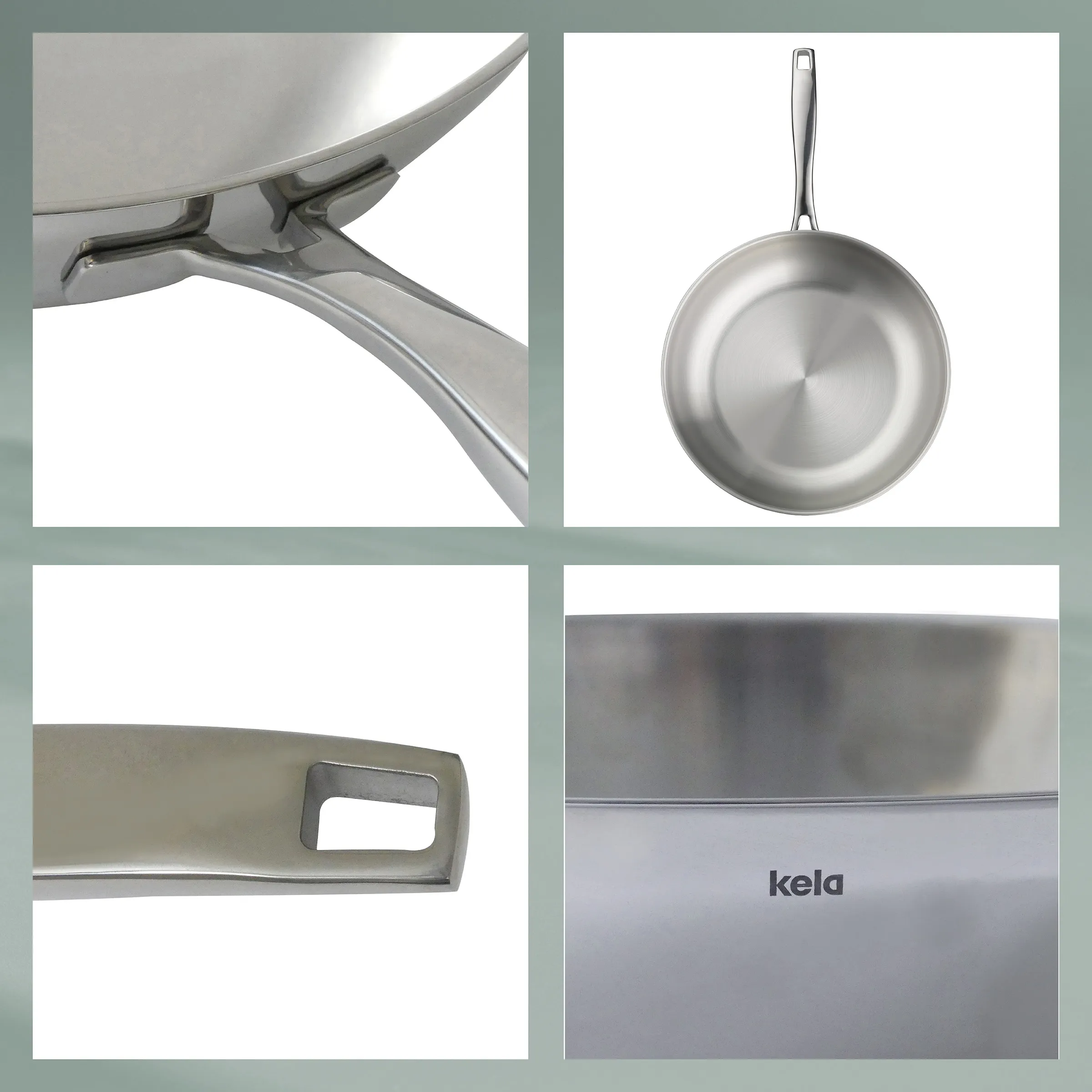 Kela Edelstahl-Bratpfanne mit ergonomischem Griff - Produktdetails Kela Edelstahl-Bratpfanne mit ergonomischem Griff, Detailansichten von Griff und Markierung