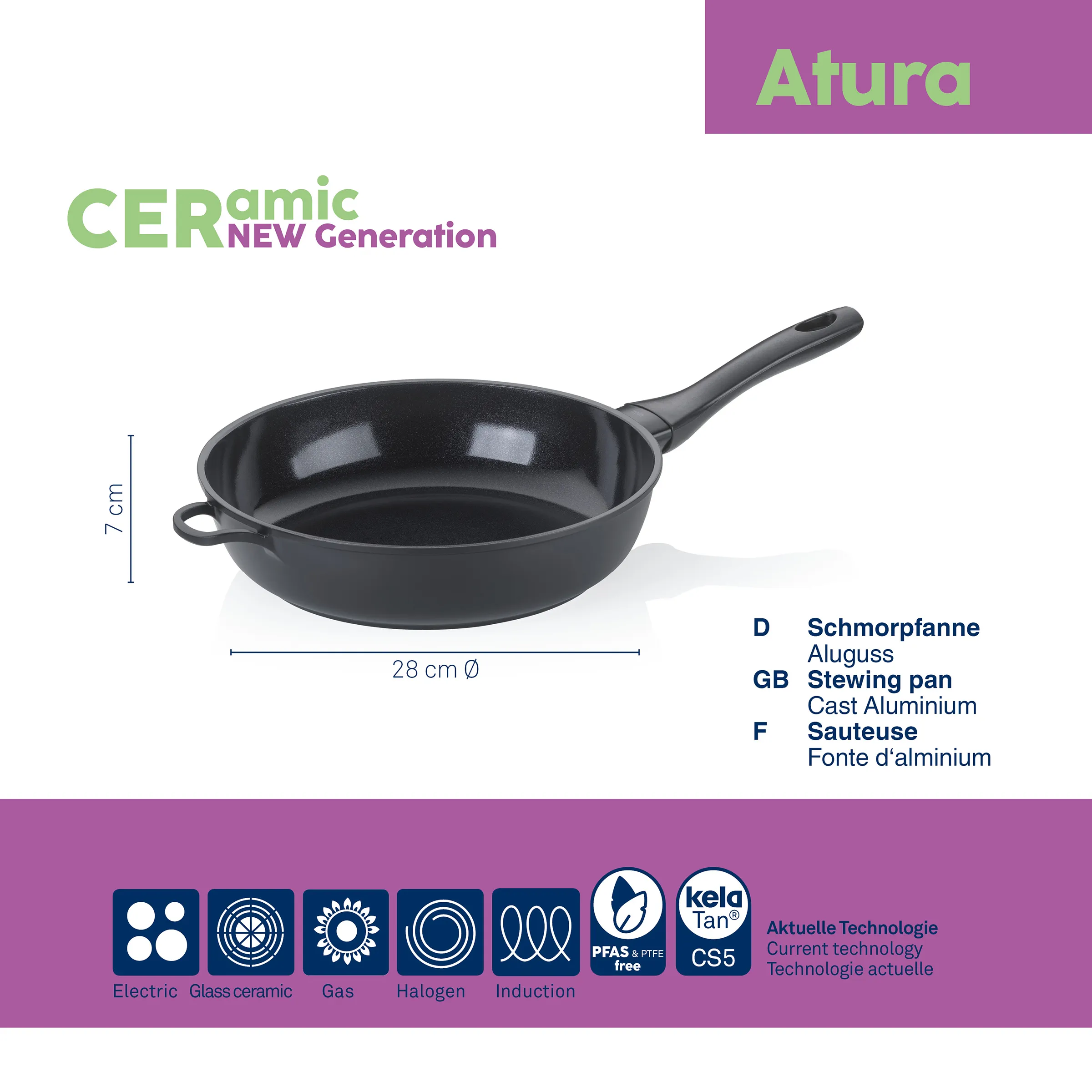 Ceramic Schmorfpfanne 28 cm Aluguss Bratpfanne Schwarze Ceramic New Generation Schmorfpfanne mit 28 cm Durchmesser, 7 cm Höhe, langem Griff und Aluminium-Guss-Körper