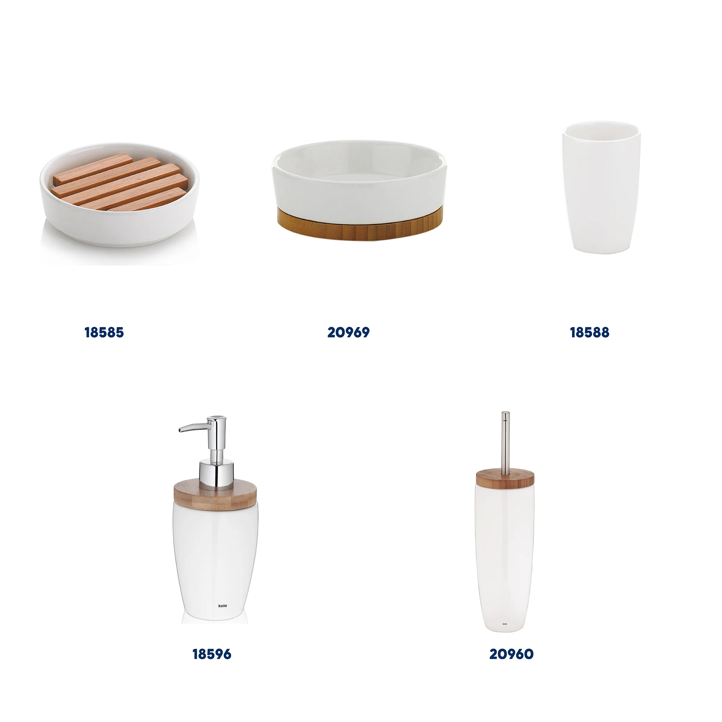 Badezimmer-Accessoires Set Keramik Bambus - 5-teilige Kollektion Badezimmer-Set aus weißer Keramik mit Bambus-Akzenten: Seifenschale, Schüssel, Becher, Seifenspender und WC-Bürste
