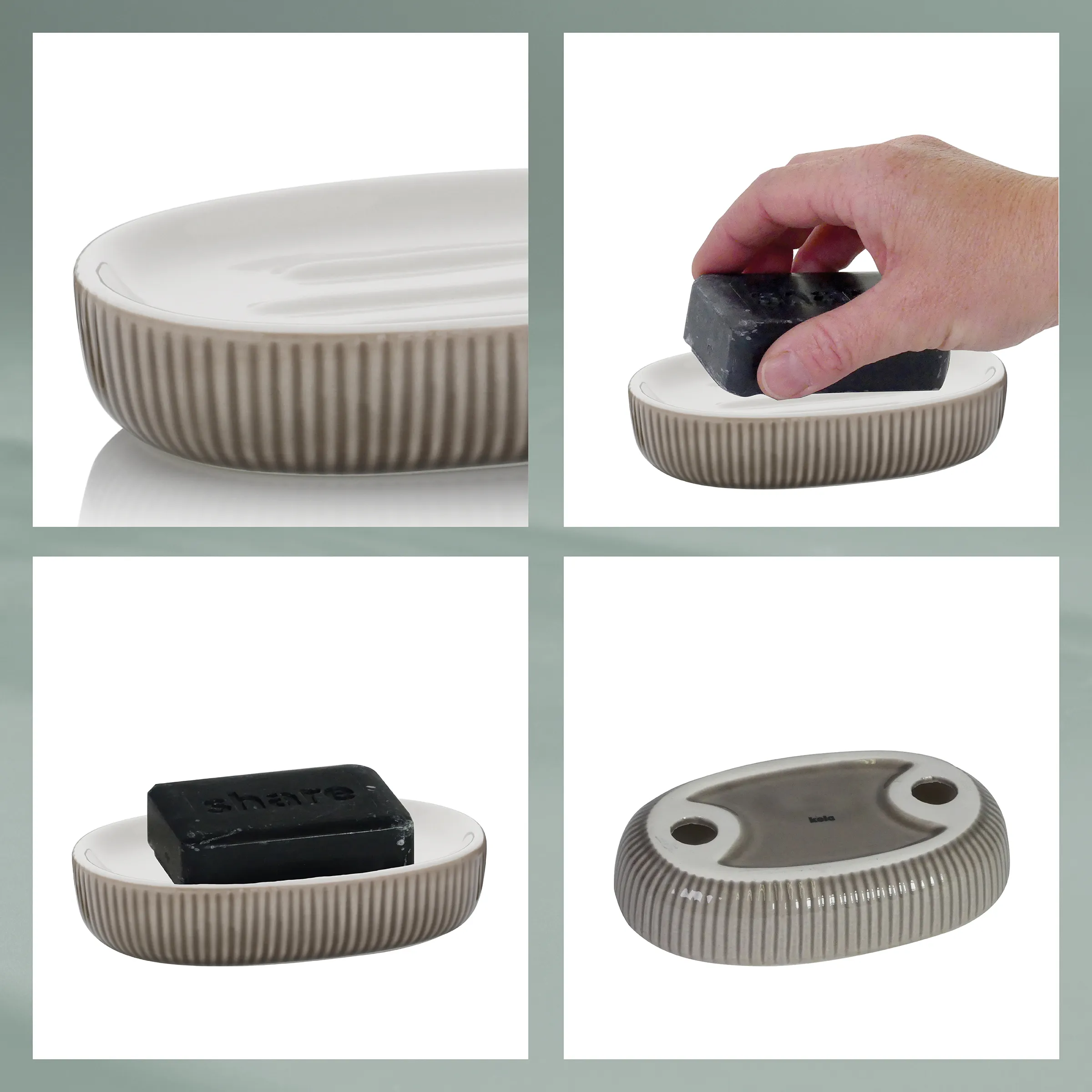 Keramik Seifenschale mit Ablauf – geriffelte Seifenablage mit Wasserablauflöchern Beige geriffelte Seifenschale aus Keramik mit Ablauflöchern, gezeigt mit schwarzer Seife in vier Ansichten