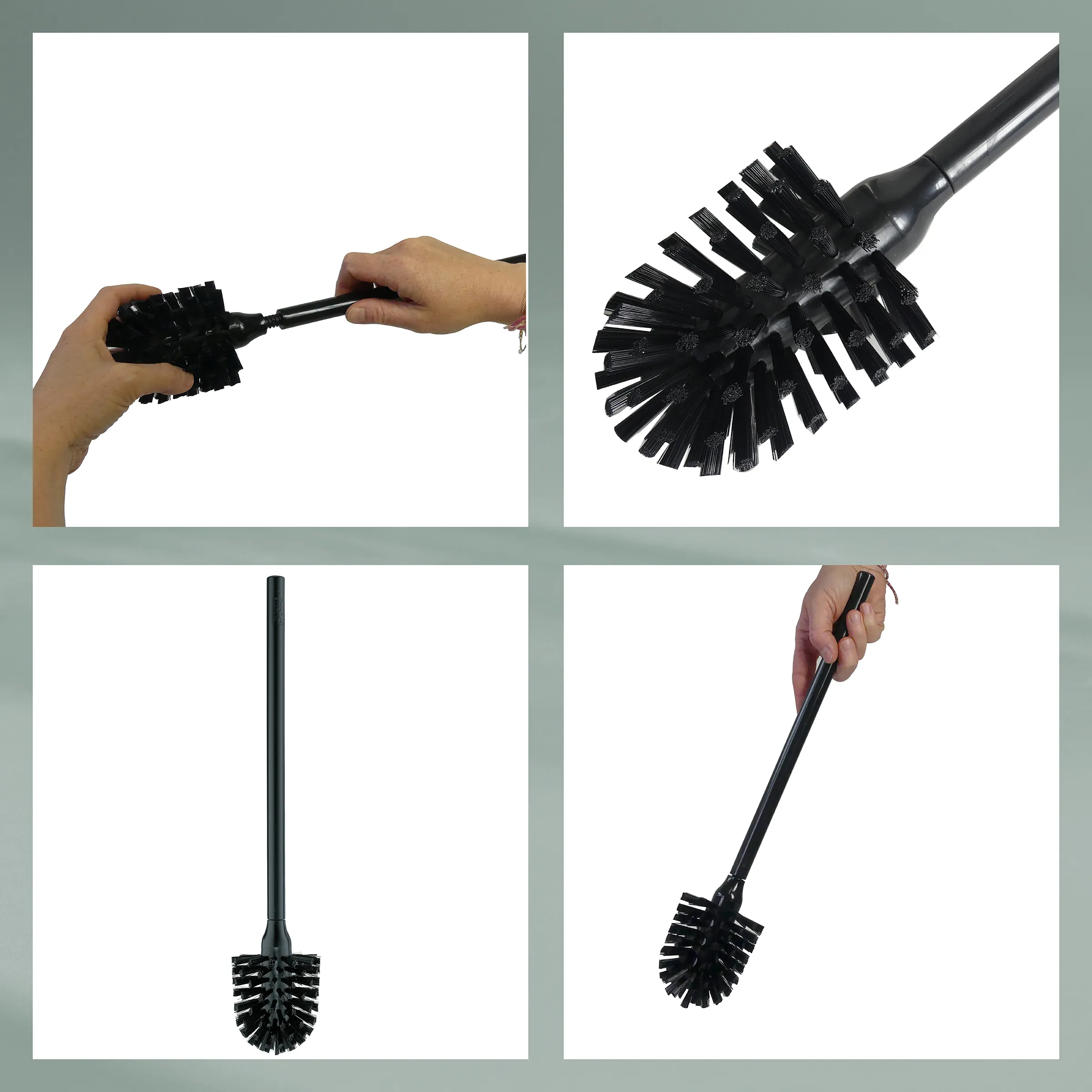 Toilettenbürste schwarz mit ergonomischem Griff Schwarze Toilettenbürste mit verschiedenen Haltegriffpositionen und Ansichten von vorne, seitlich und von oben
