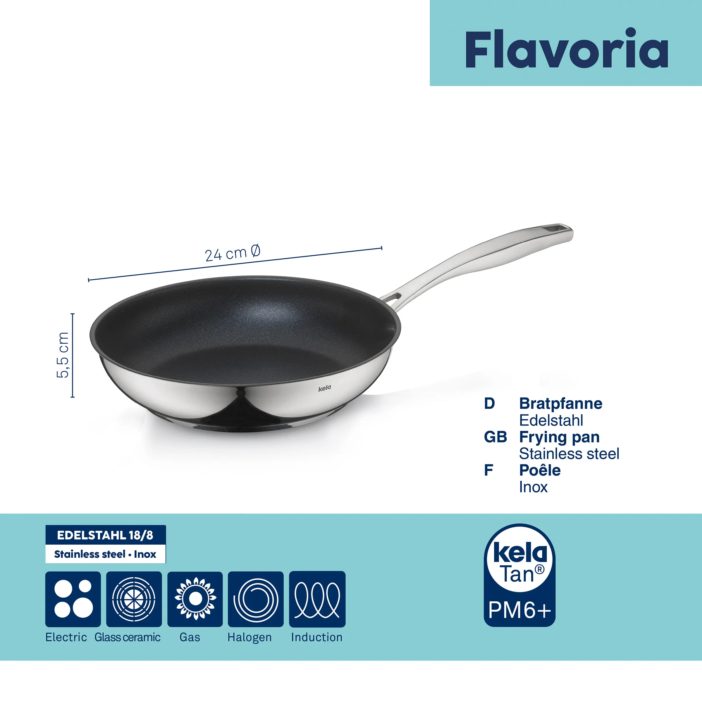 Poêle en acier inoxydable avec revêtement antiadhésif noir, diamètre 24 cm, hauteur 5,5 cm, manche argenté