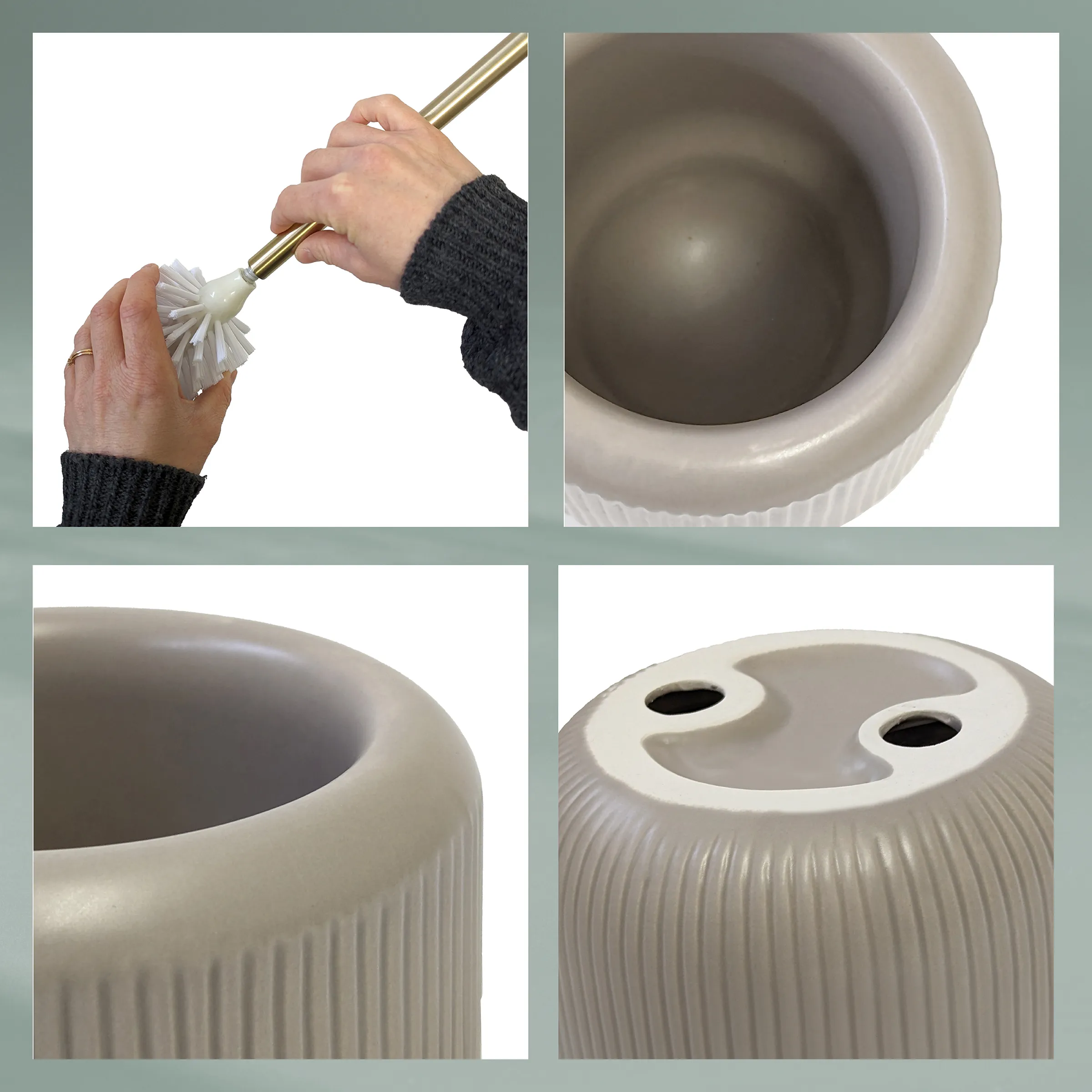 Toilettenbürste mit Keramikhalter - modernes Bad-Accessoire in Beige Beige Toilettenbürste mit gerilltem Keramikhalter und goldenem Griff, gezeigt mit Detailansichten