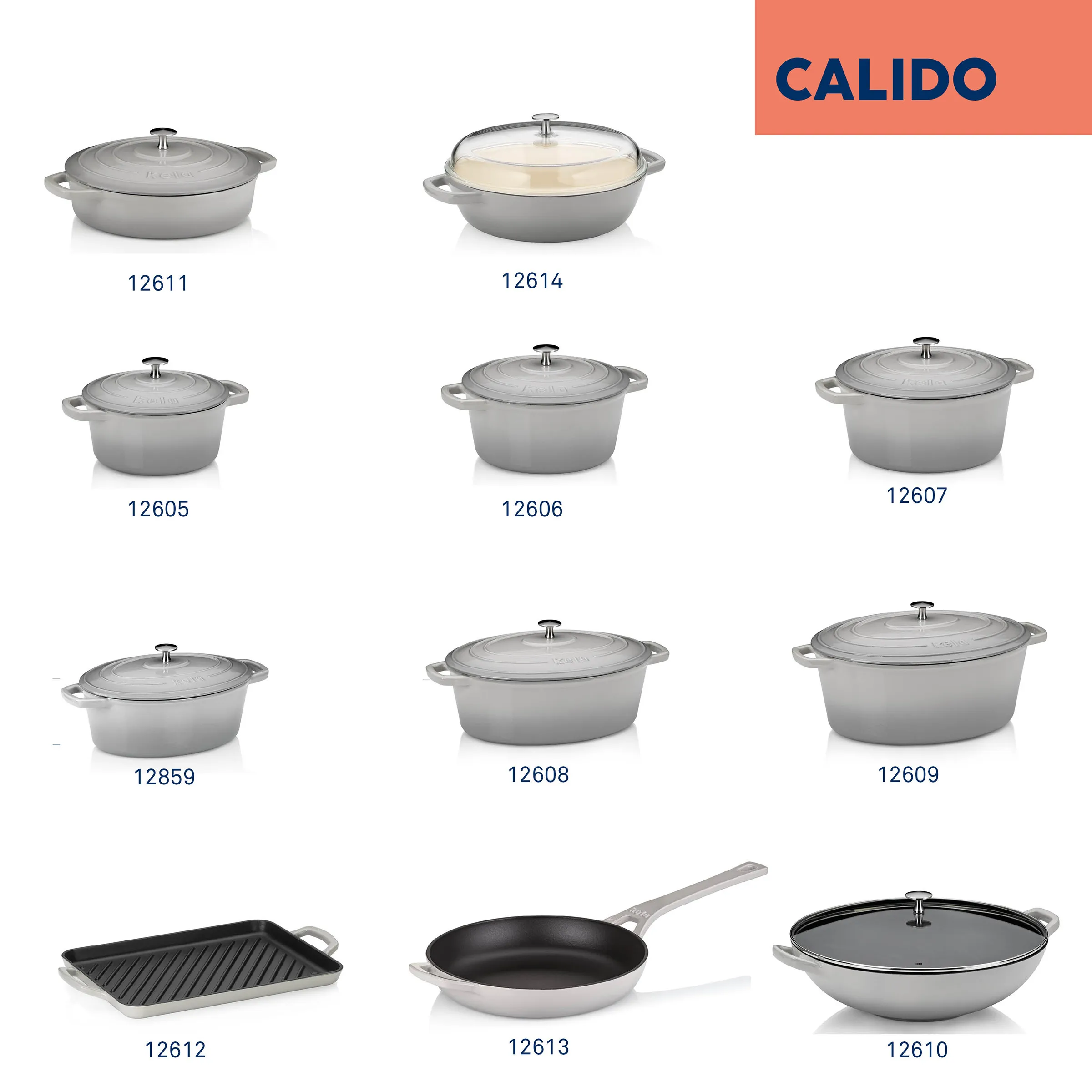 CALIDO Gusseisen Kochgeschirr Set - Töpfe, Pfannen, Bräter und Wok CALIDO Kochgeschirr-Kollektion: Bräter, Töpfe, Pfannen und Wok aus grauem Gusseisen mit Deckeln