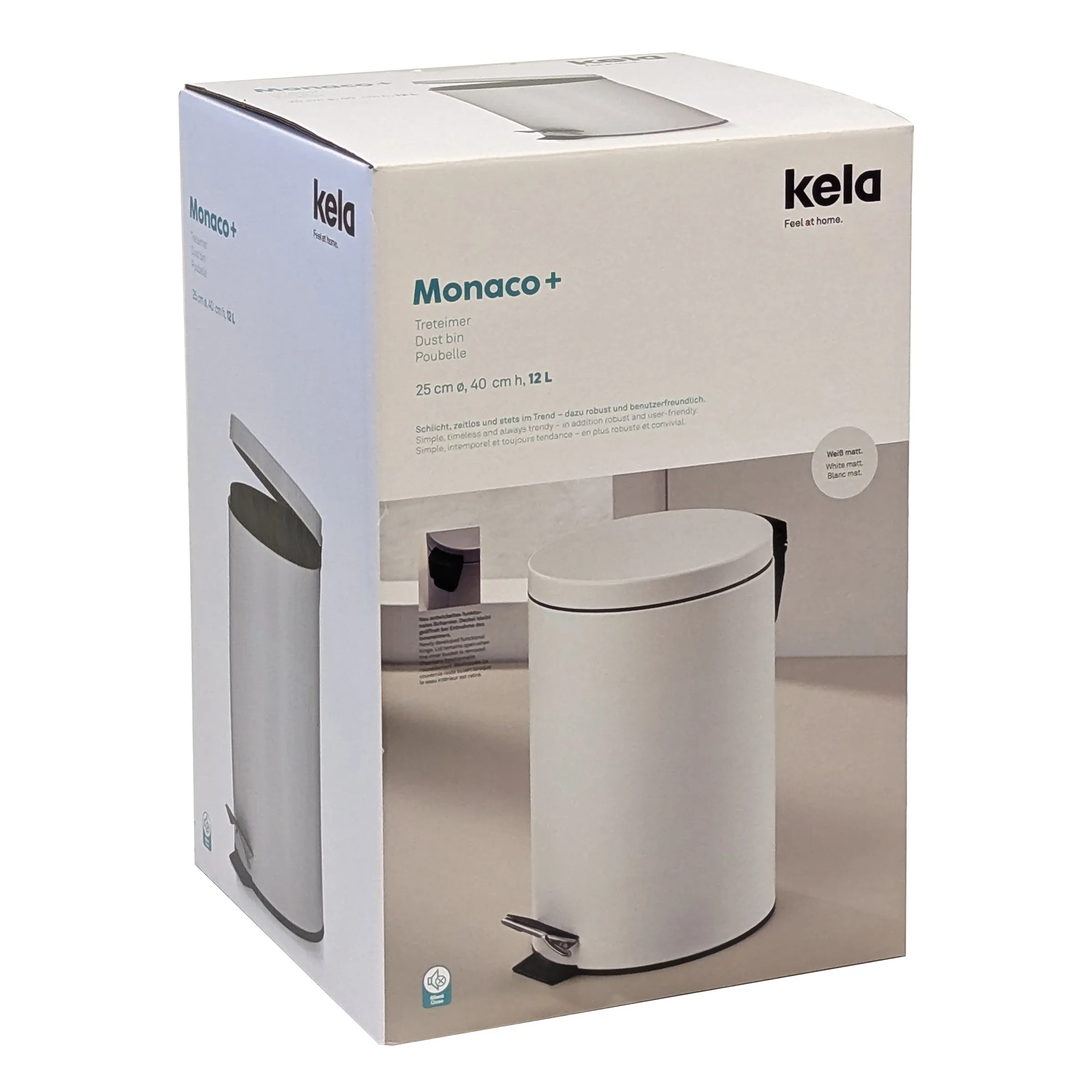 Kela Monaco+ Treteimer 12 Liter Weiß - Pedal Mülleimer Kela Monaco+ Treteimer in Weiß mit 12 Litern Fassungsvermögen, 25 cm Durchmesser und 40 cm Höhe in Verpackung.