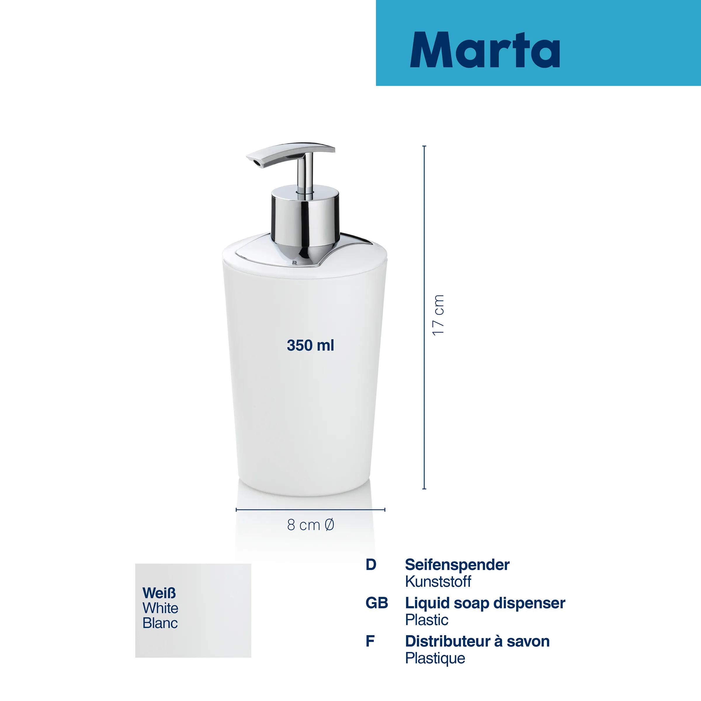 Marta Seifenspender Kunststoff Weiß 350ml - Badezimmer Spender Marta Seifenspender aus weißem Kunststoff, 350 ml, mit Chromspender, 17 cm hoch und 8 cm Durchmesser