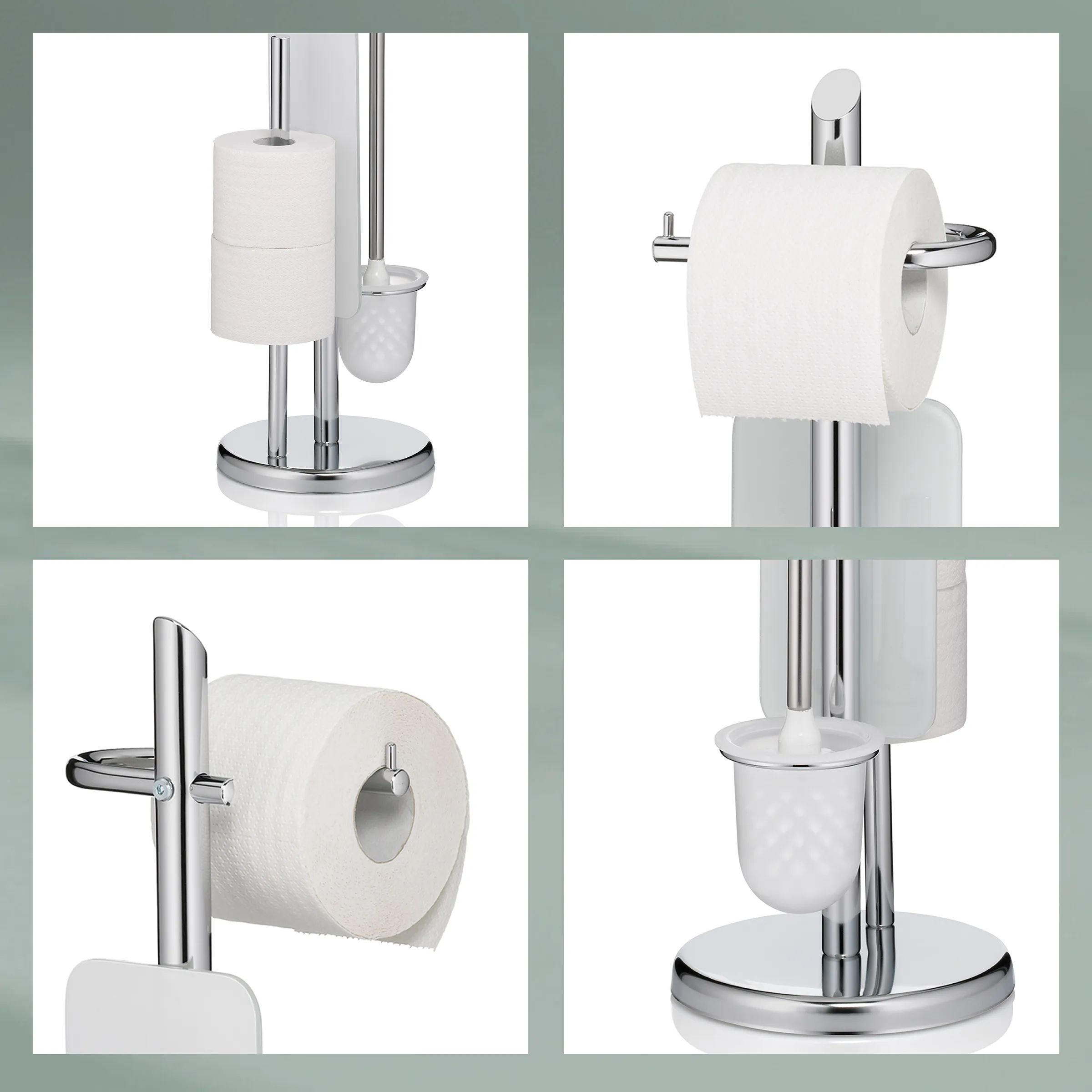 Toilettenpapierhalter Edelstahl - Badezimmer Organizer Vier Ansichten eines Toilettenpapierhalters aus Edelstahl mit Rollen, Bürste und Aufbewahrung.