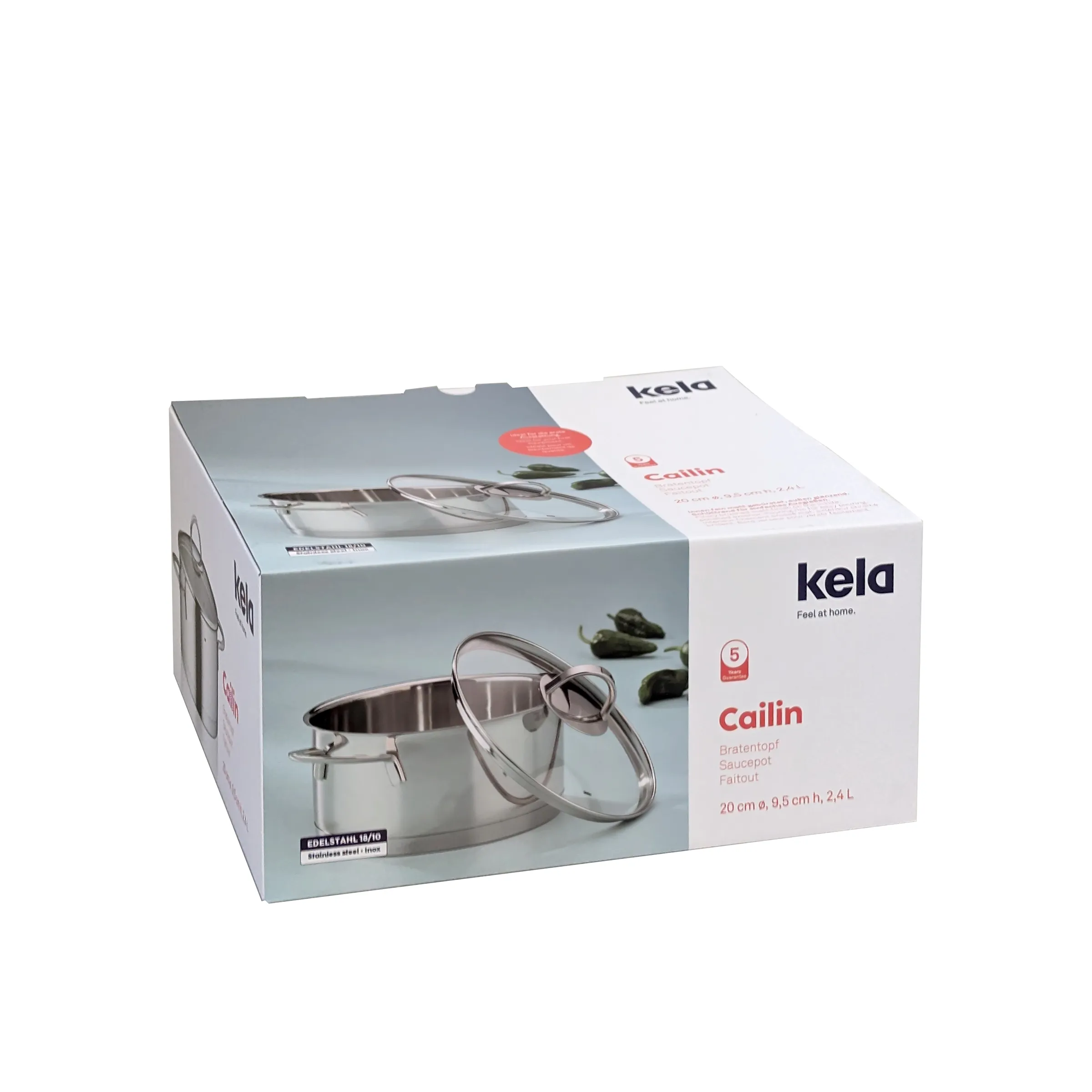 Kela Cailin Bratentopf Edelstahl 2,4L mit Deckel Kela Cailin Bratentopf aus Edelstahl mit Glasdeckel und Griffen, 2,4 Liter, in Produktverpackung