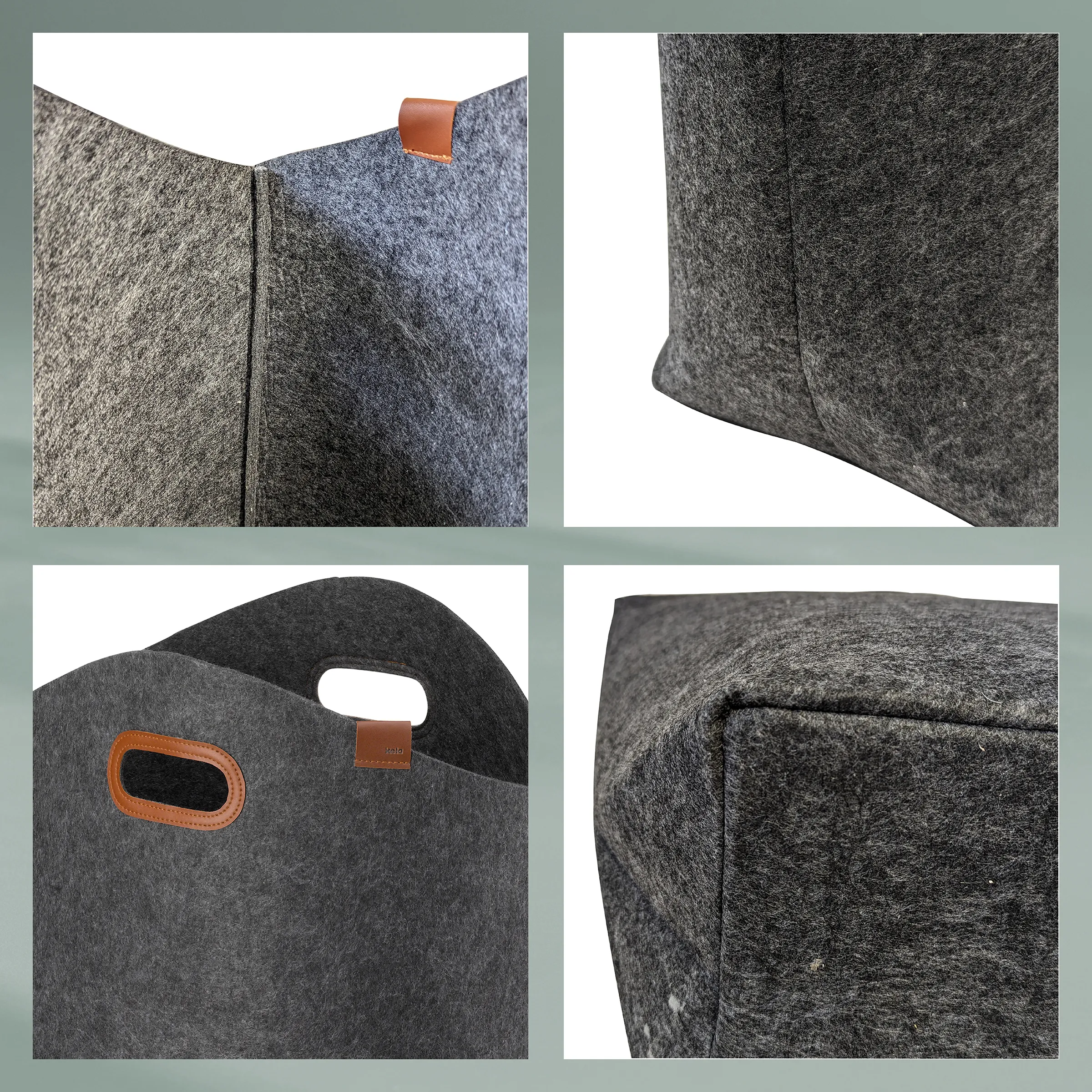 Filztasche Wollfilz Ledertasche mit Henkel Filztasche aus grauem Wollfilz mit braunen Ledergriffen und Details, vier Detailansichten zeigend