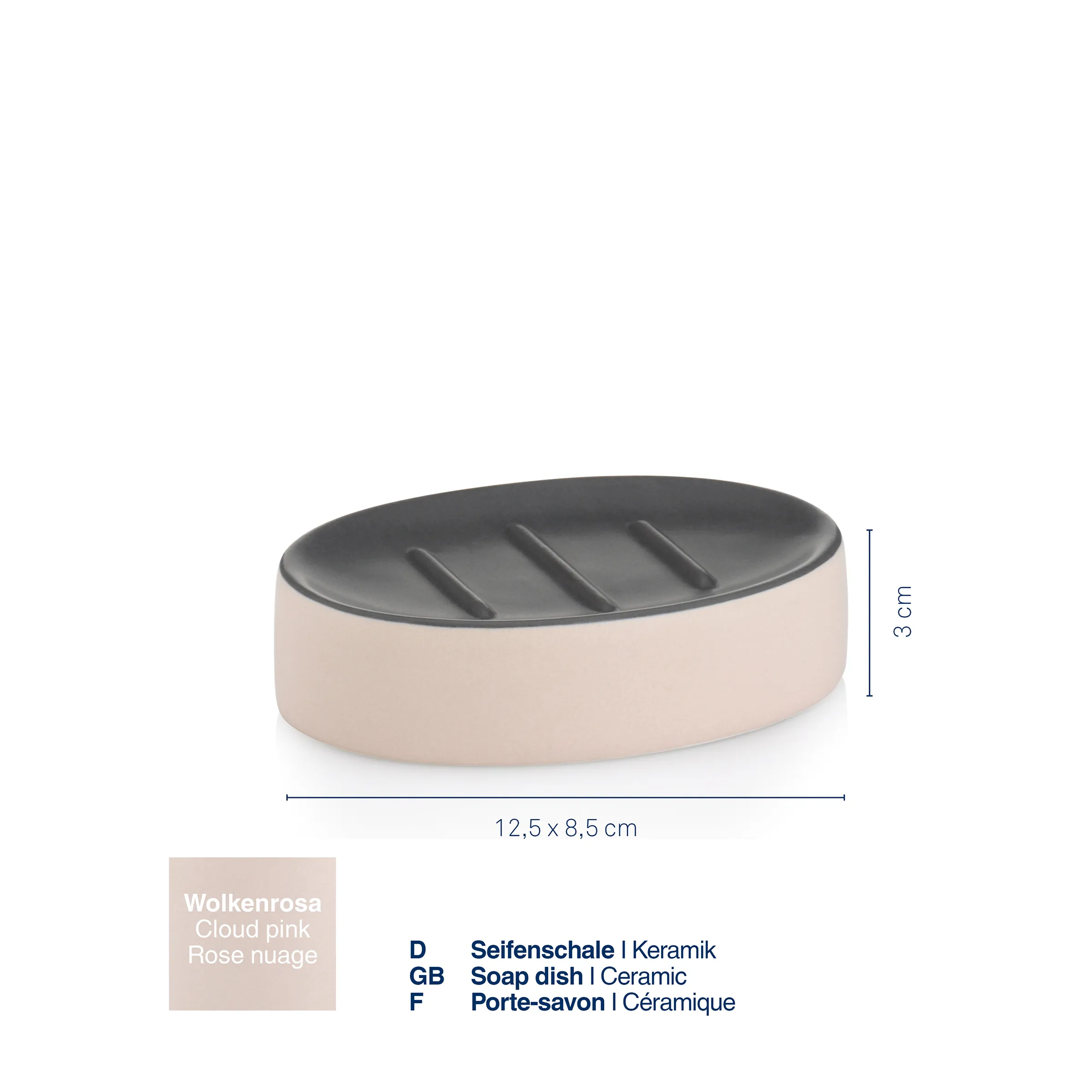 Seifenschale Keramik Rosa - Badezimmer Accessoire Rosa Keramik-Seifenschale mit grauer Oberfläche und Rillen, 12,5 x 8,5 cm, 3 cm hoch