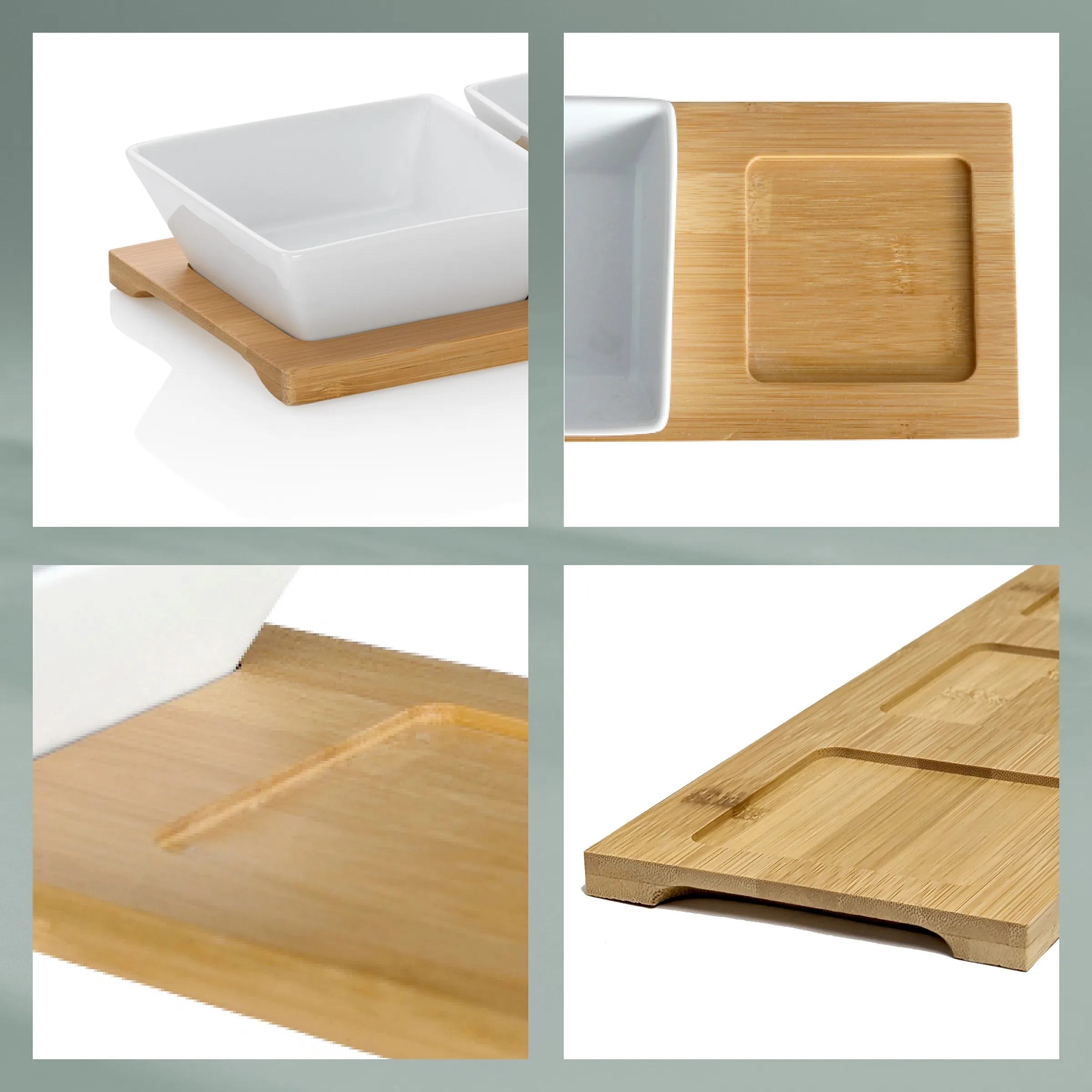 Bambusständer für Keramikschale - Holz Accessoire Set Weiße Keramikschale auf Bambusständer mit verschiedenen Detailansichten des Holzbelags