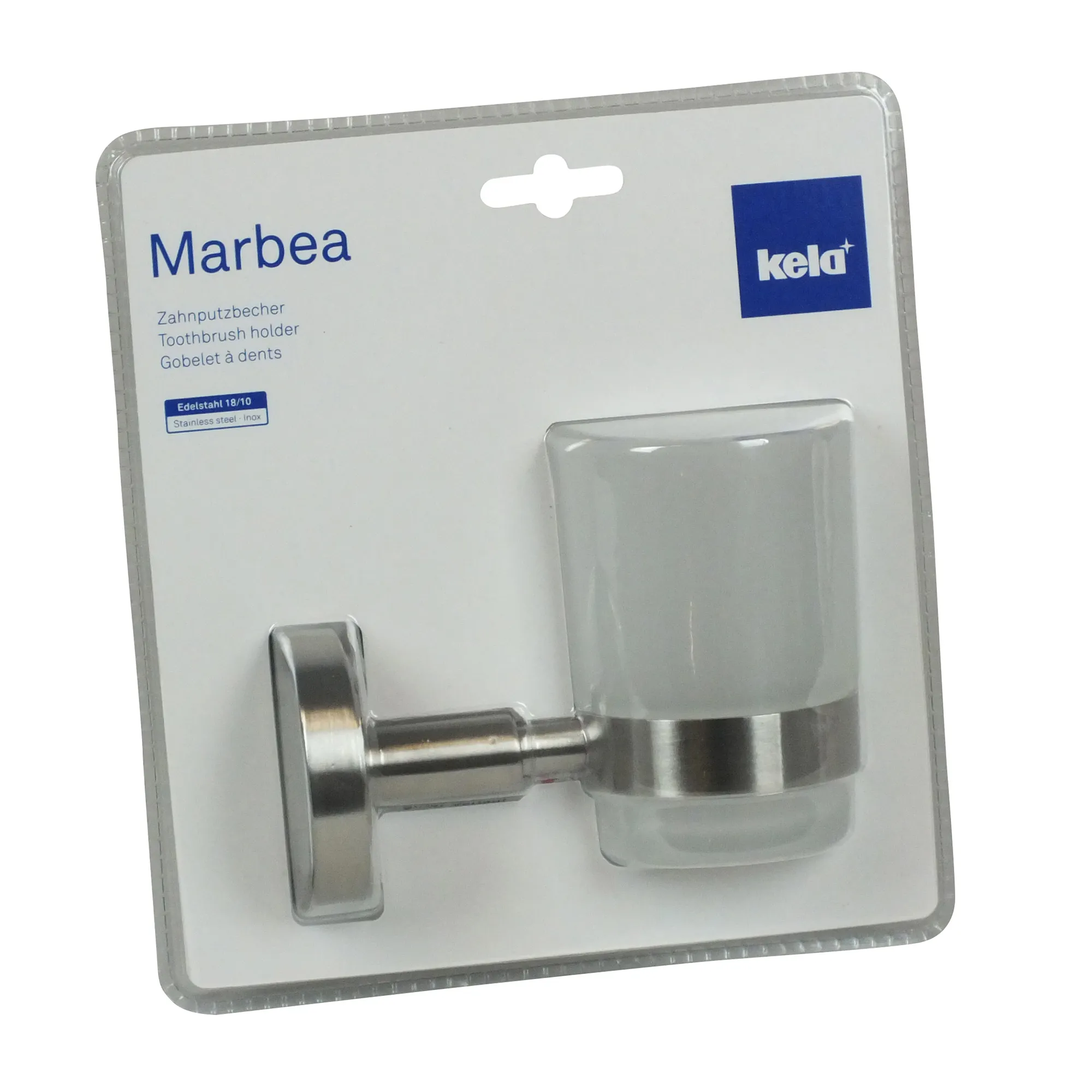 Marbea Zahnputzbecher von Kela aus Edelstahl 18/10, verpackt in durchsichtiger Blisterpackung mit Befestigungsmaterial.