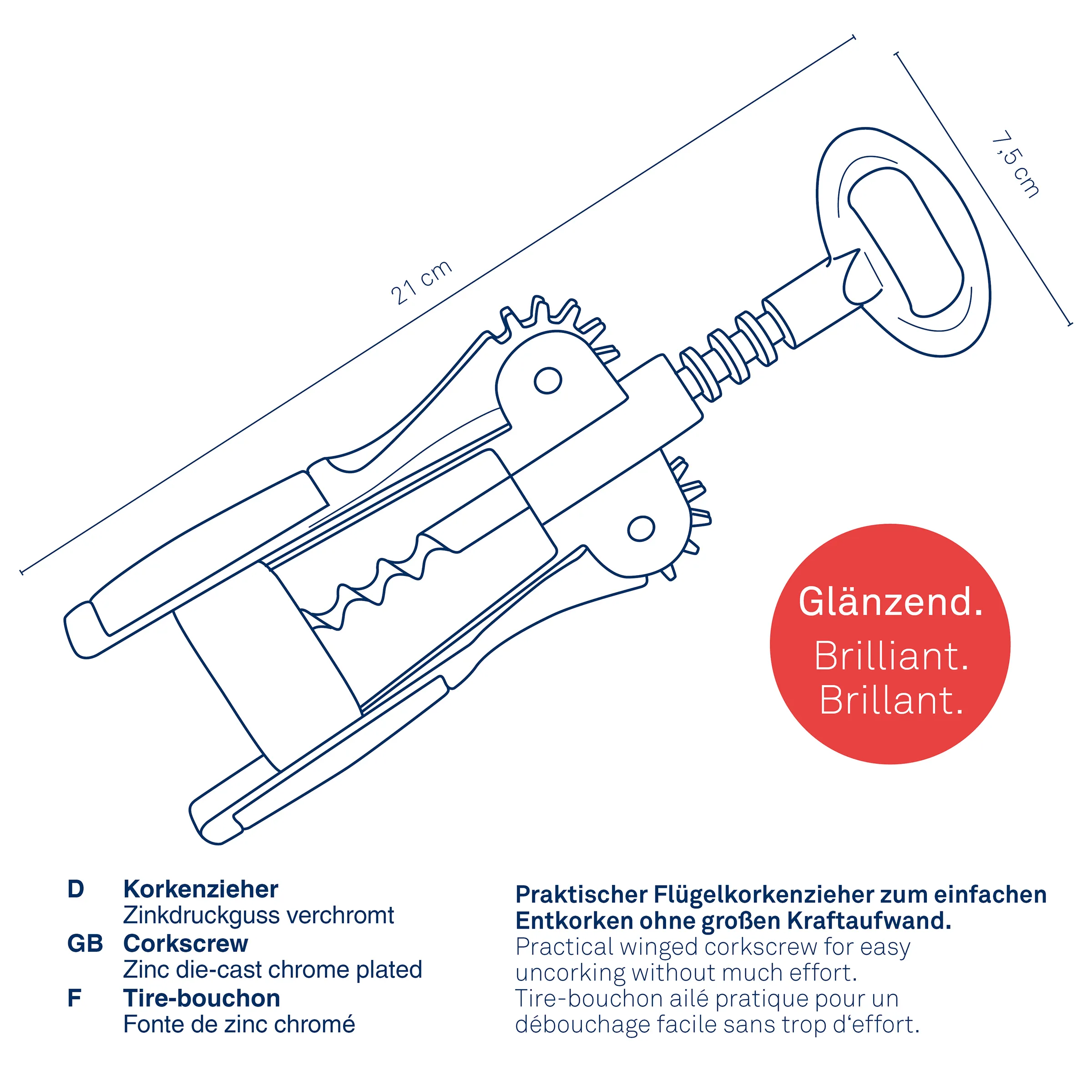 Technische Zeichnung eines verchromten Flügelkorkenziehers aus Zinkdruckguss, 21 cm x 15 cm, mit rotem Label