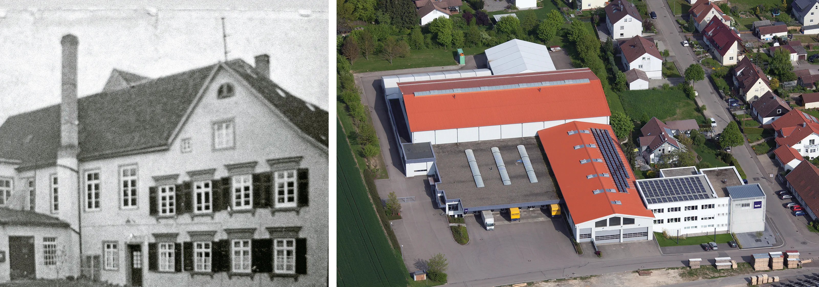 Fabrik Vergangenheit und Gegenwart: Historische Entwicklung der Produktion Historisches Schwarzweiß-Foto eines zweistöckigen Fabrikgebäudes mit Schornstein und modernes Luftbild der erweiterten Fabrik mit roten Dächern.