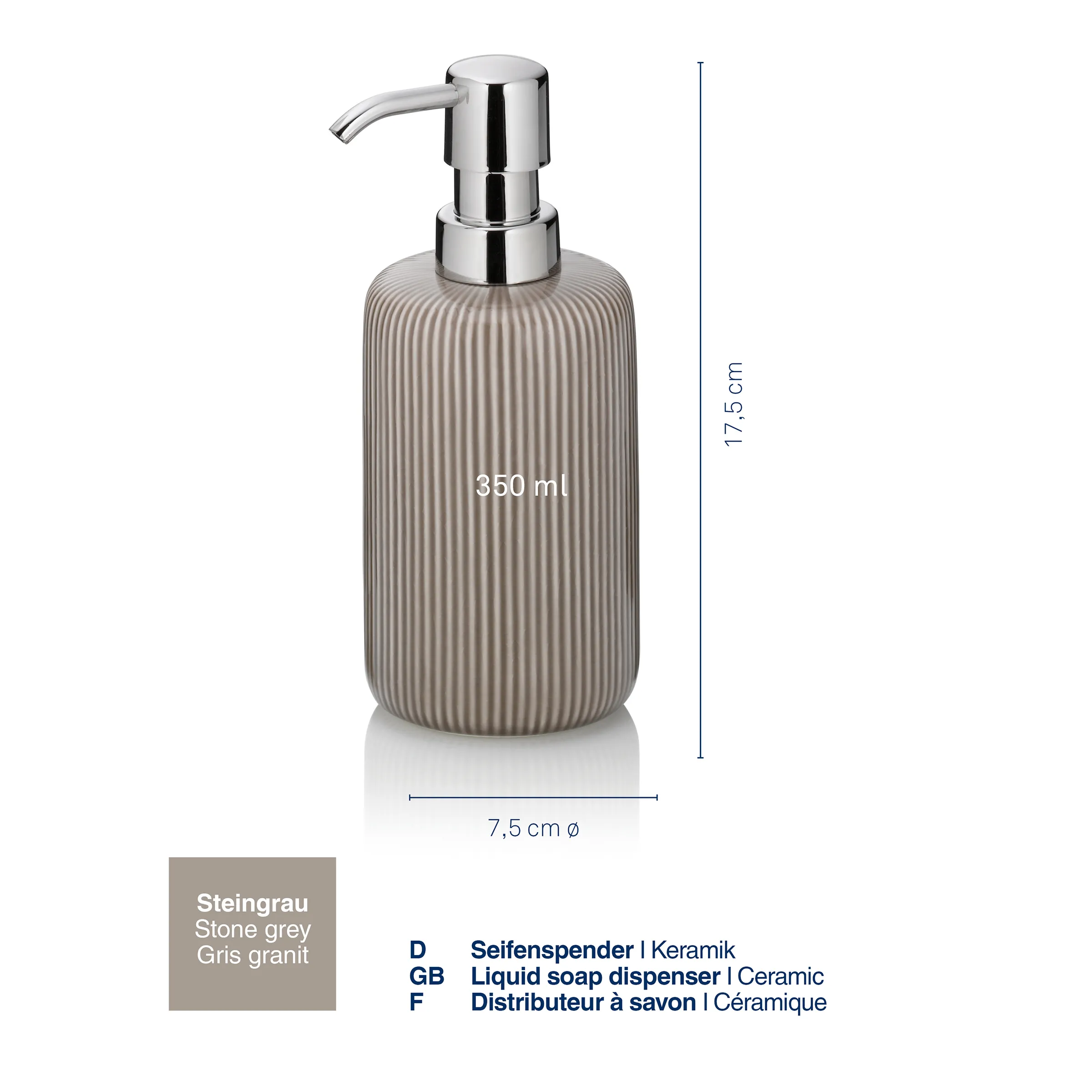 Keramik-Seifenspender Steingrau 350ml mit Chrompumpe und gerillter Oberfläche Steingrauer Keramik-Seifenspender mit Rillenstruktur und Chromspender, 350 ml, 17,5 cm hoch, 7,5 cm Durchmesser